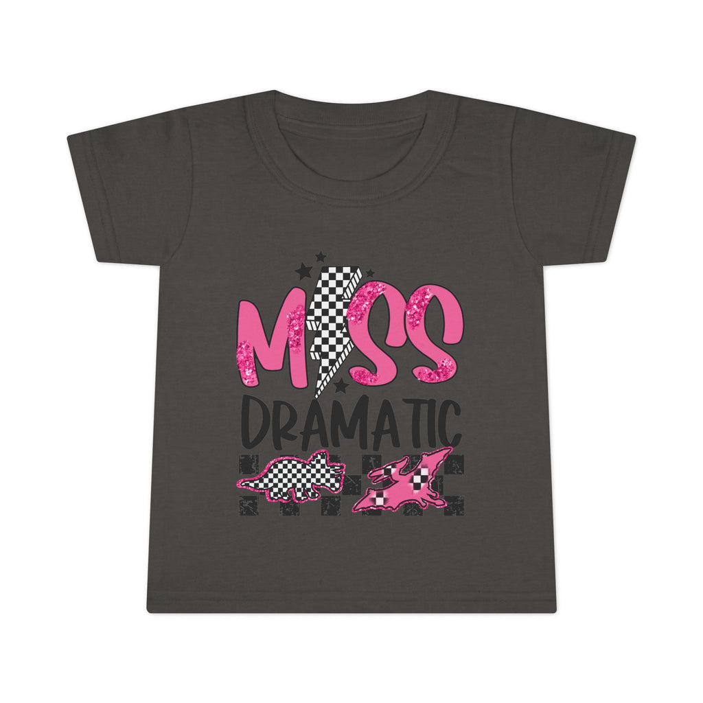Toddler T-Shirt - "Miss Dramatic" Pink Checkered Dino Graphic