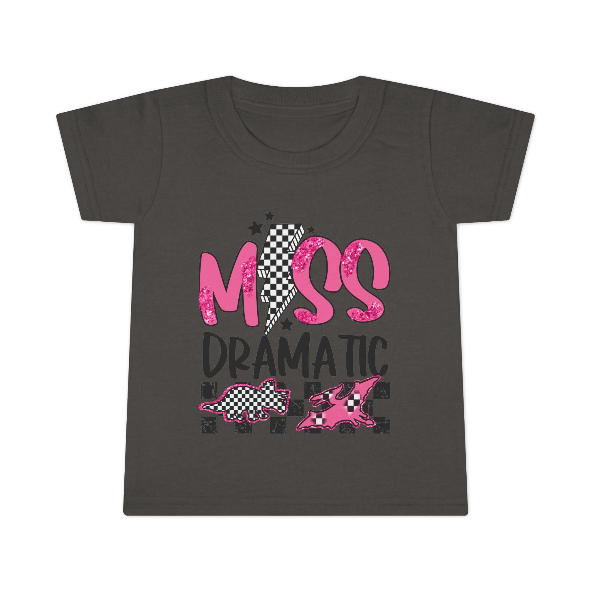 Toddler T-Shirt - "Miss Dramatic" Pink Checkered Dino Graphic
