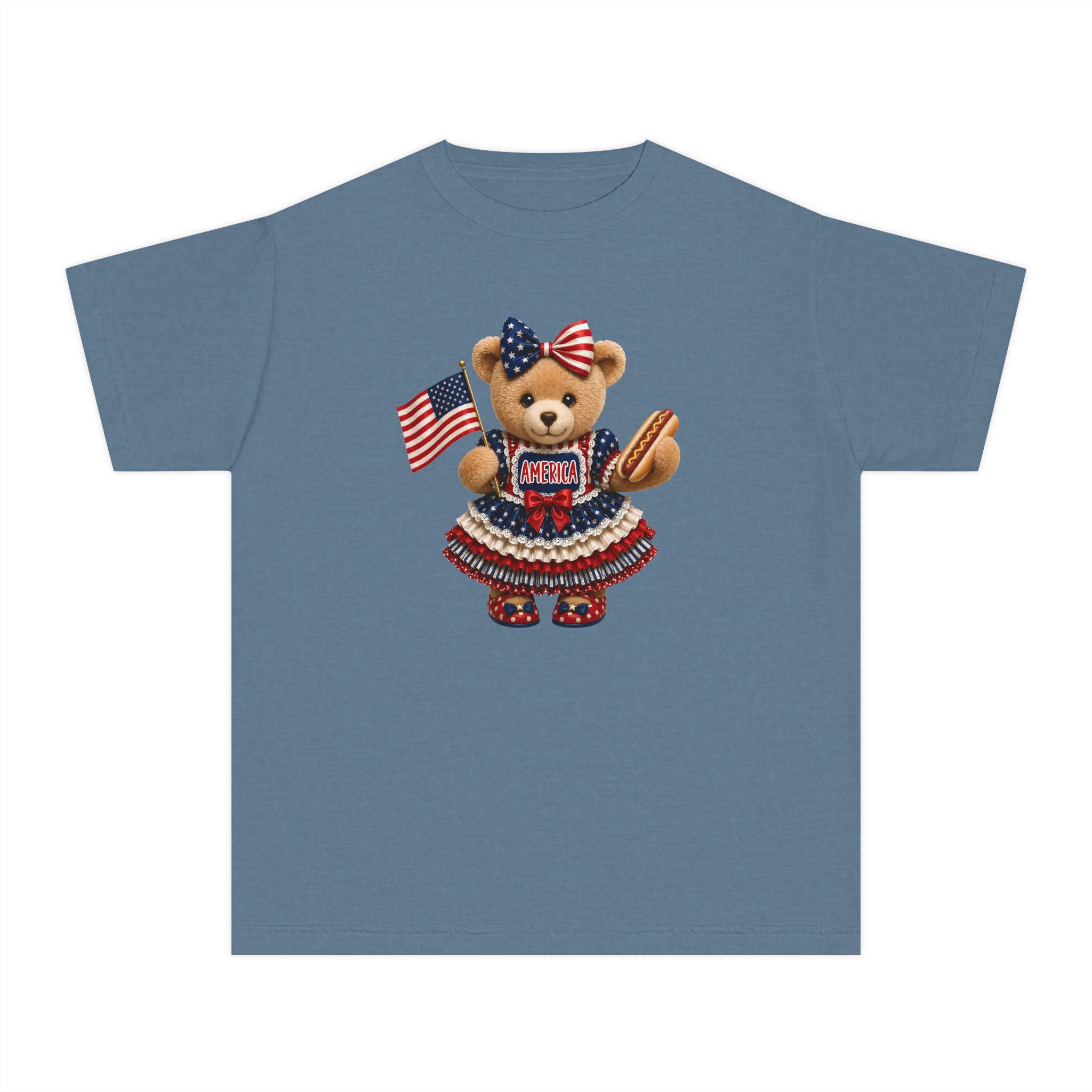 Youth Tee - Patriotic Bear Holding American Flag (4th of July Kids Shirt)