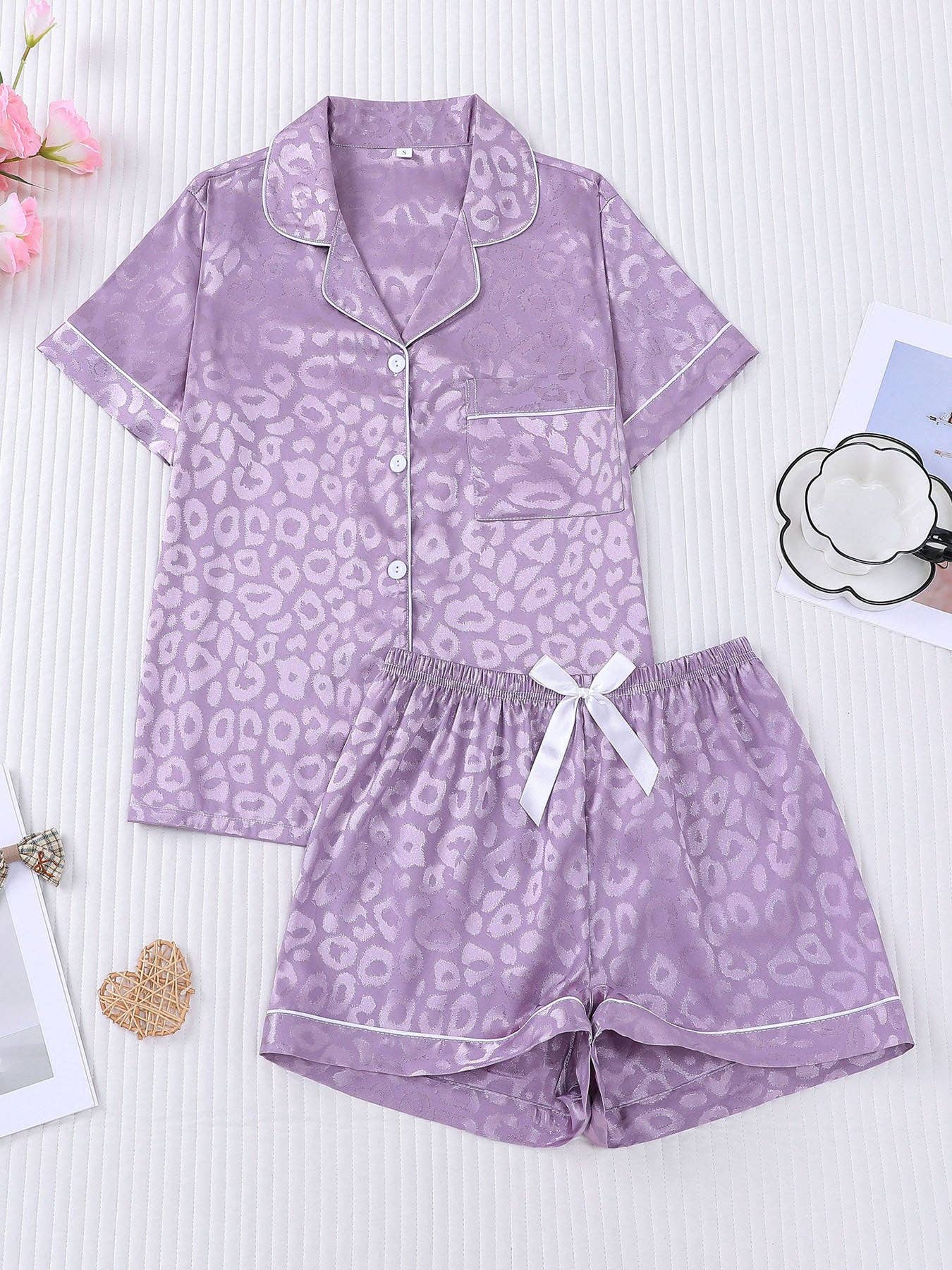 Leopard Print Silky Pajama Set: Black