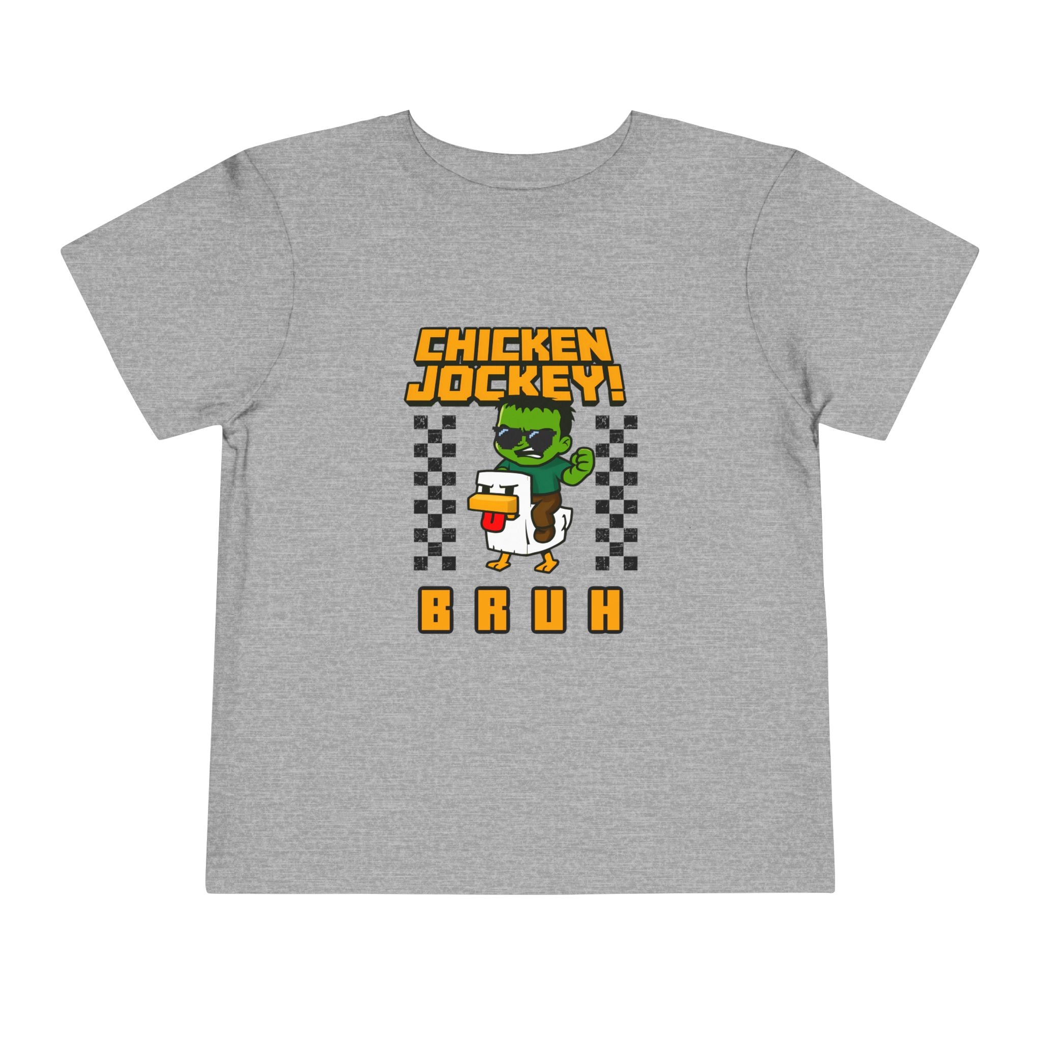 Toddler Tee — "Chicken Jockey! Bruh" Cartoon Racer Chicken Kids Shirt