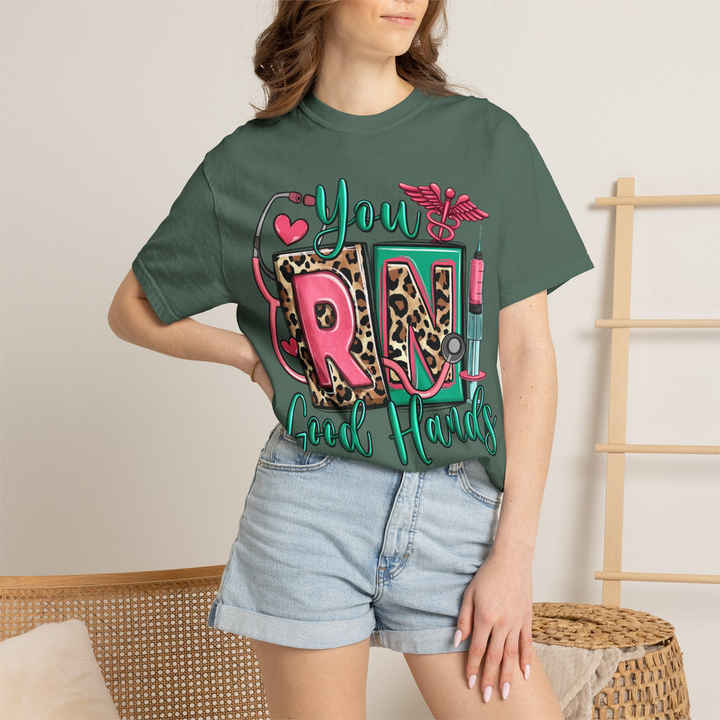 RN Good Hands T-Shirt — Cute Leopard Nurse Graphic Tee for Registered Nurses