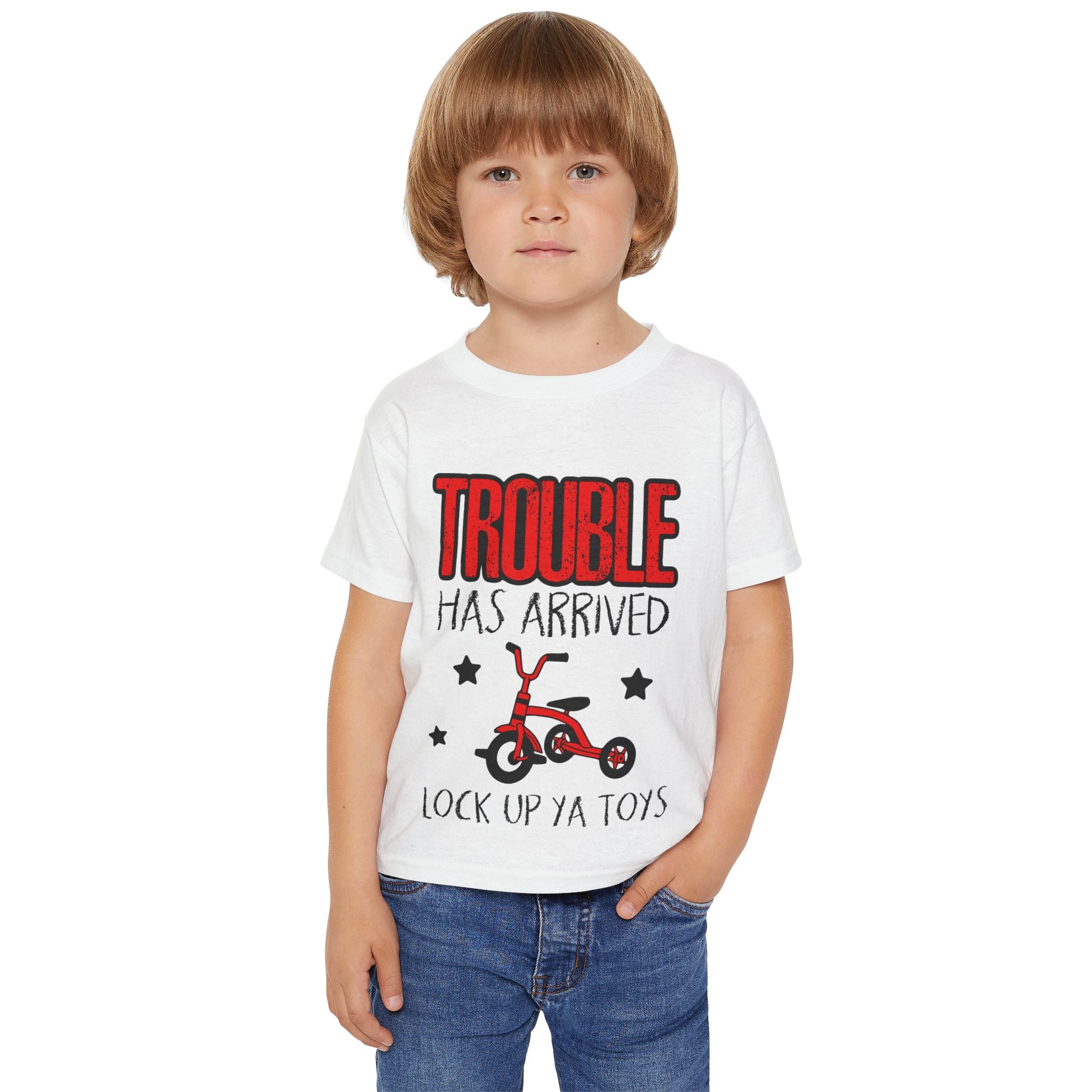 Toddler T-Shirt — “Trouble Has Arrived” Red Tricycle Funny Kids Tee