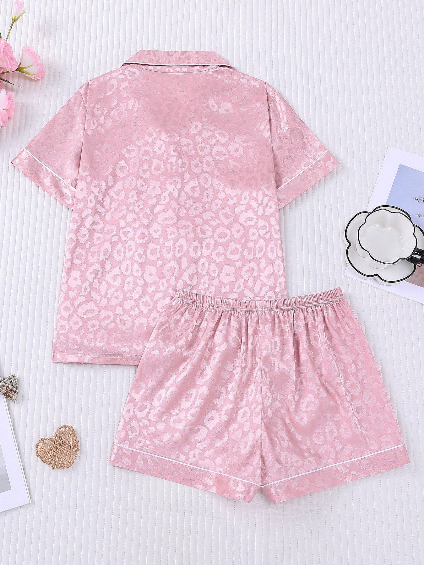 Leopard Print Silky Pajama Set: Black