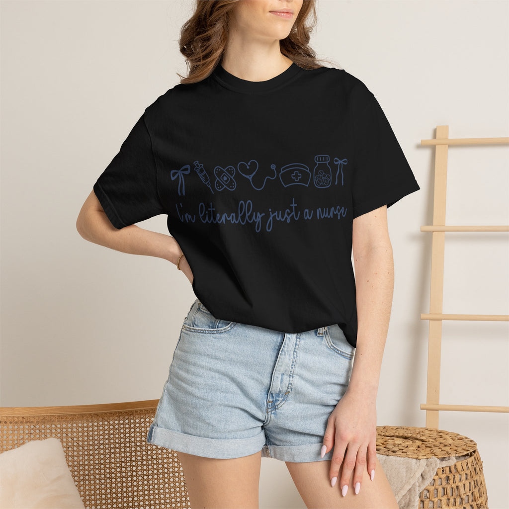 Nurse Crewneck T-Shirt — "I'm Literally Just a Nurse" Minimal Medical Icons Tee