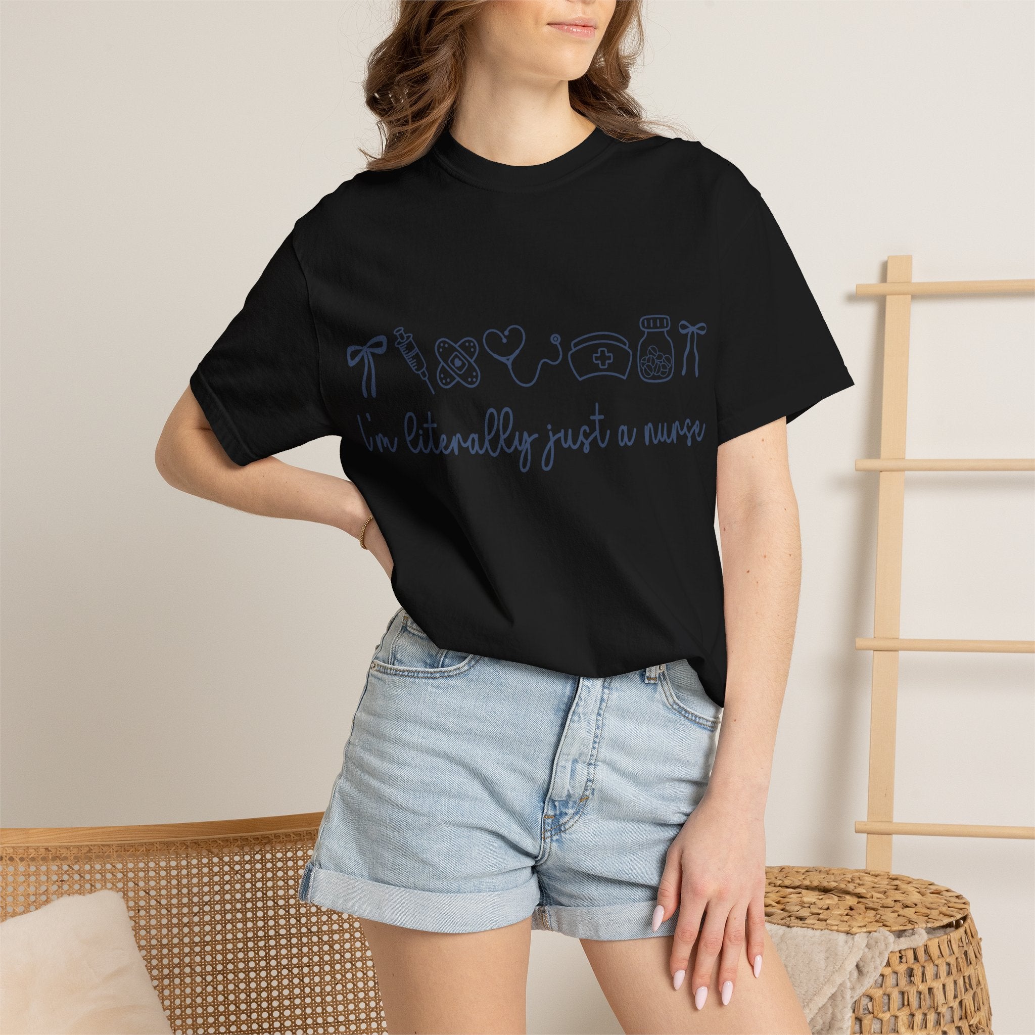 Nurse Crewneck T-Shirt — "I'm Literally Just a Nurse" Minimal Medical Icons Tee