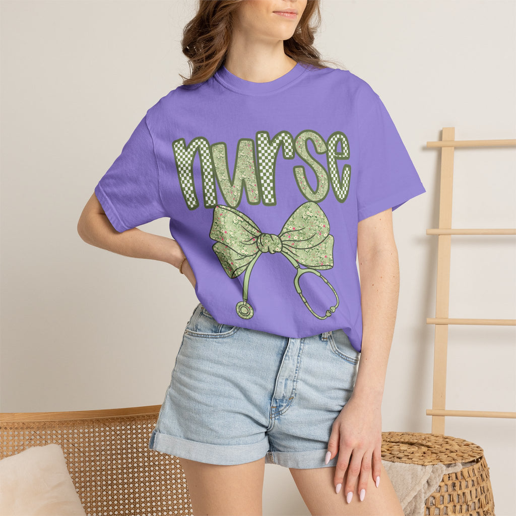 Nurse Bow Stethoscope T-Shirt — Cute Green Nurse Graphic Tee
