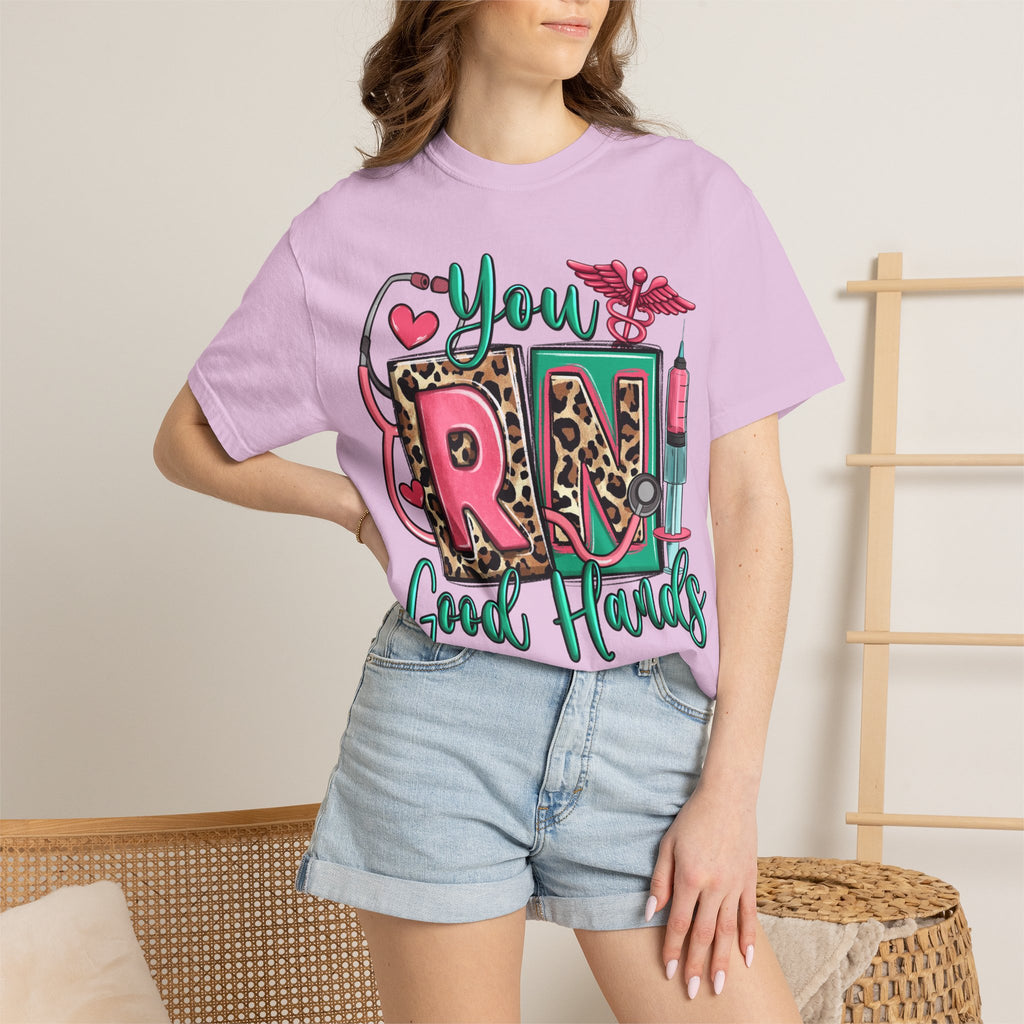 RN Good Hands T-Shirt — Cute Leopard Nurse Graphic Tee for Registered Nurses