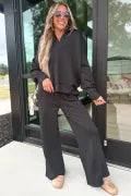 Bristol Black Collared V Neck Pullover Sweatshirt Sweatpants Set