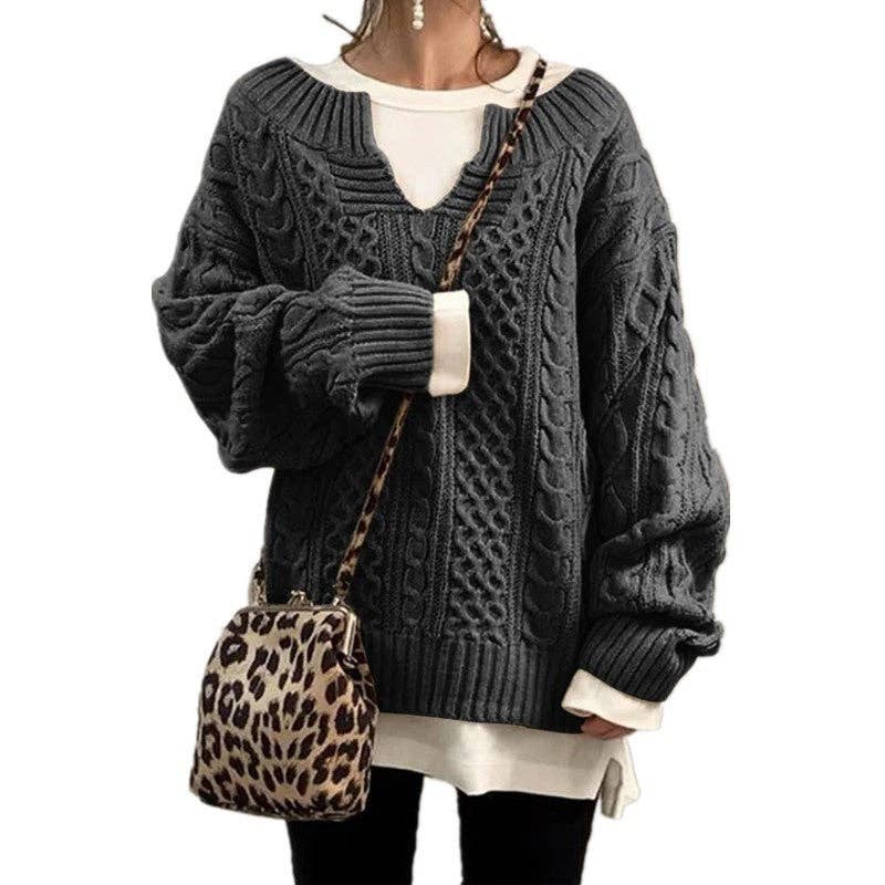 Women Cable Knit Sweater Casual Ribbed Pattern Knit Top: Black / L