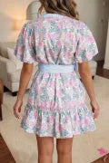 White Floral Print Striped Contrast Trim Belted Short Dress