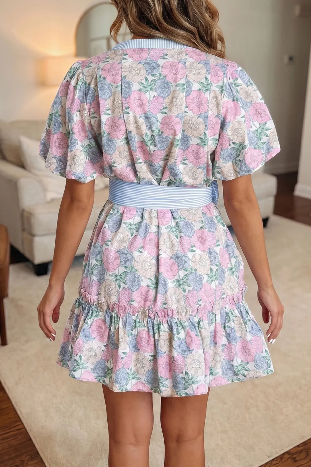 White Floral Print Striped Contrast Trim Belted Short Dress