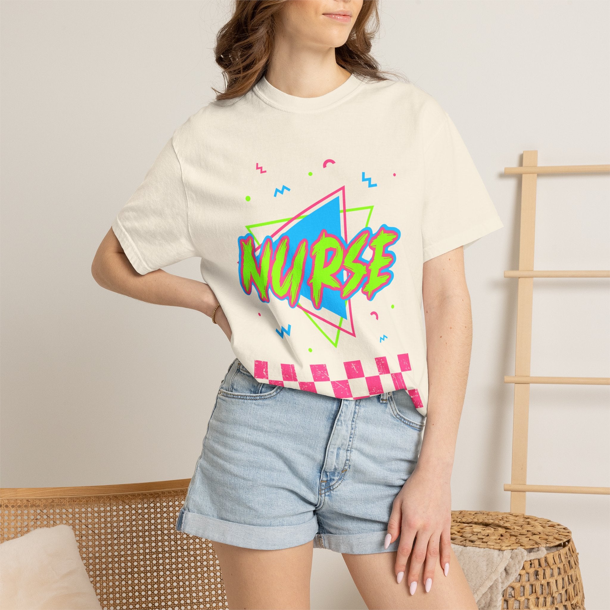 Nurse Retro 90s Graphic T-Shirt — Neon Checkerboard Medical Tee