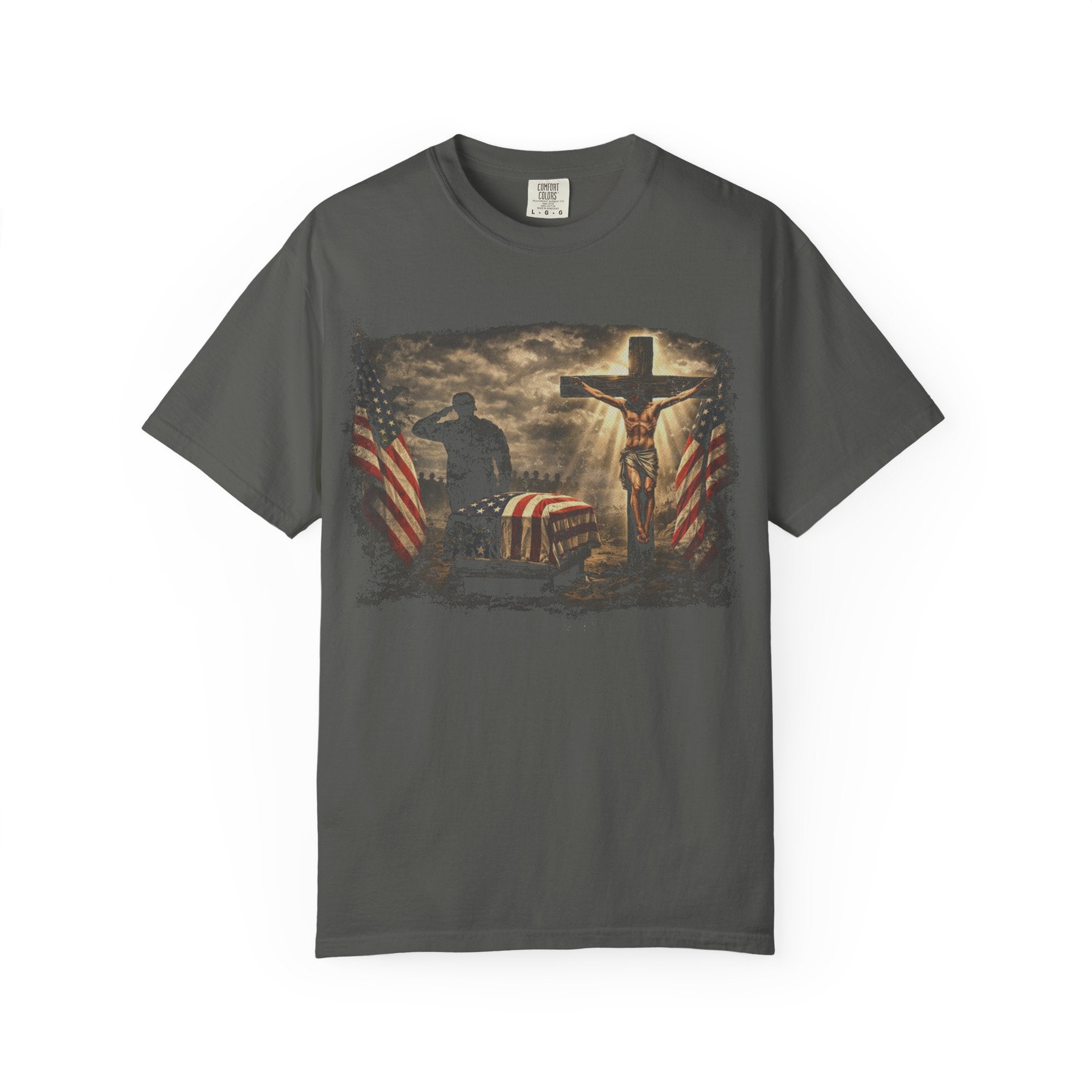 Christian Flag T-Shirt — Jesus on Cross with American Flag Graphic