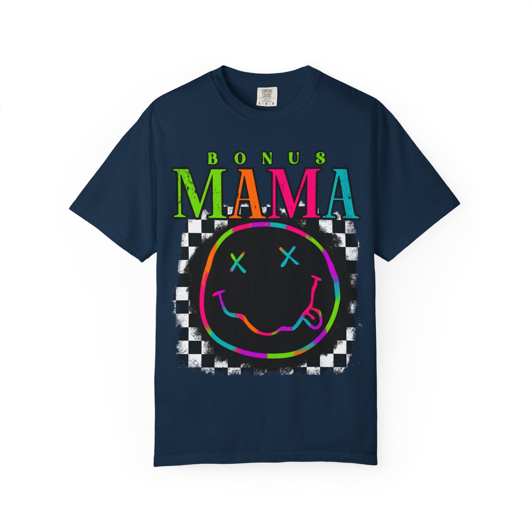 Bonus Mama Graphic T-Shirt — Neon Smiley Checkerboard Retro Tee