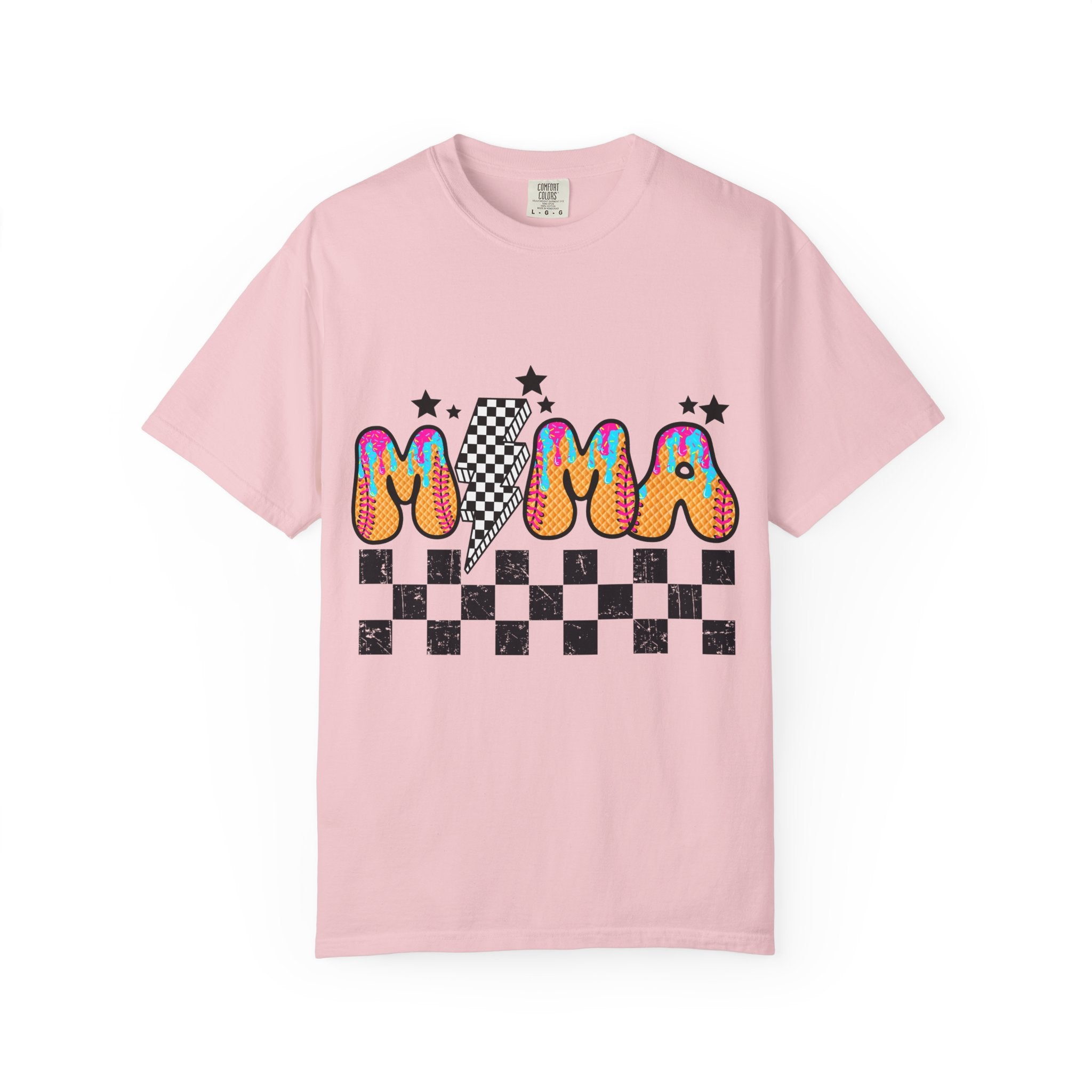Retro Mama T-Shirt — Colorful Psychedelic 'MAMA' Graphic with Checkerboard