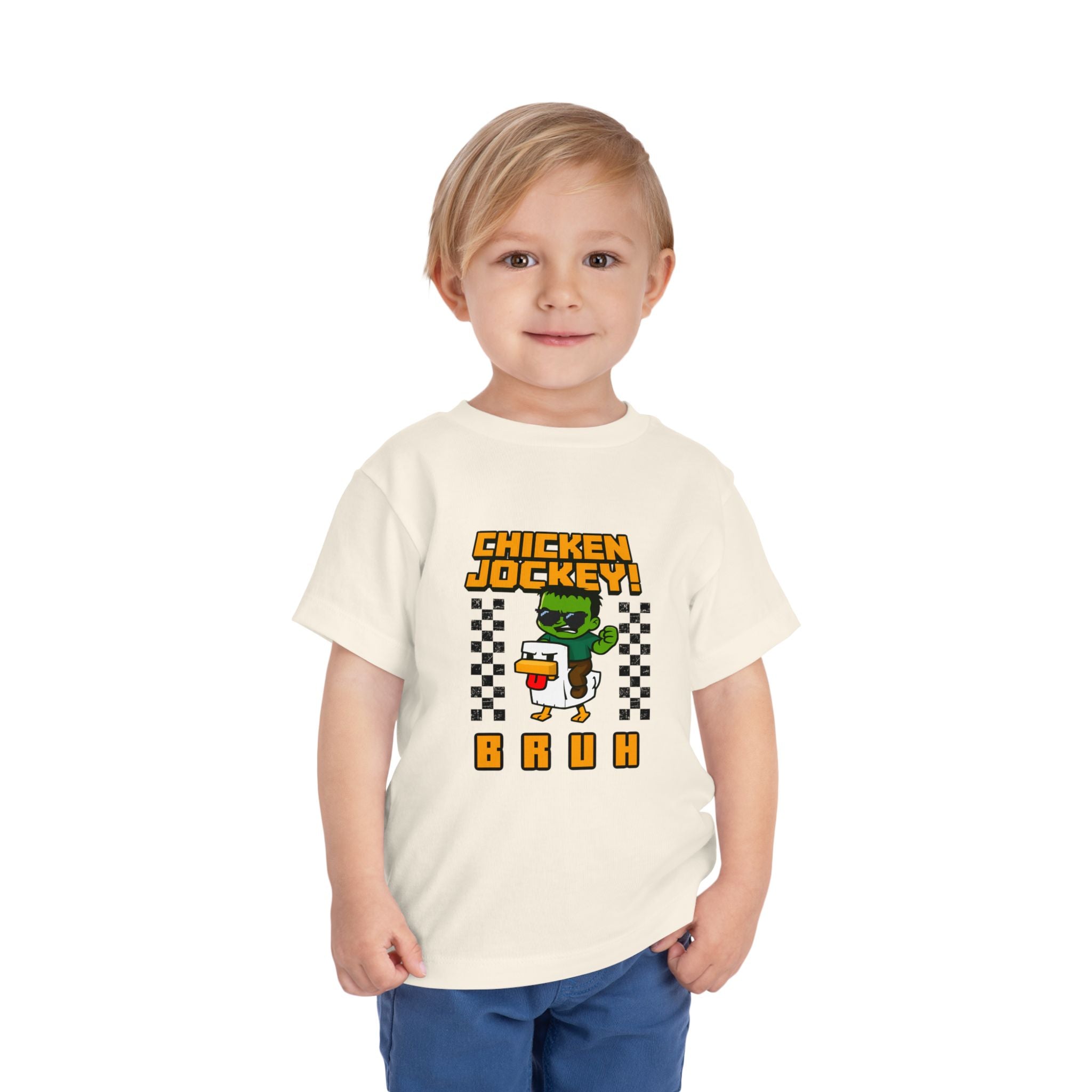 Toddler Tee — "Chicken Jockey! Bruh" Cartoon Racer Chicken Kids Shirt