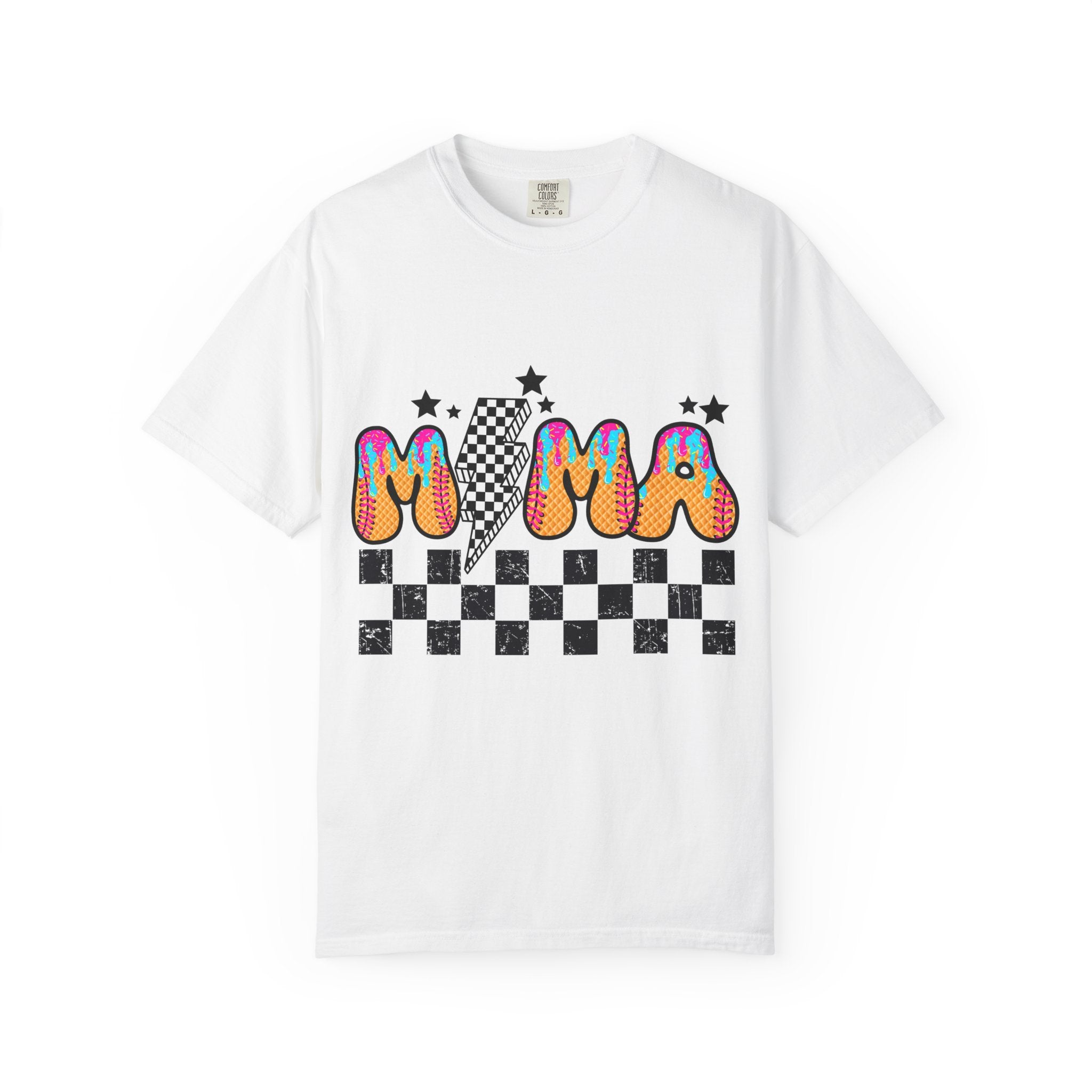 Retro Mama T-Shirt — Colorful Psychedelic 'MAMA' Graphic with Checkerboard