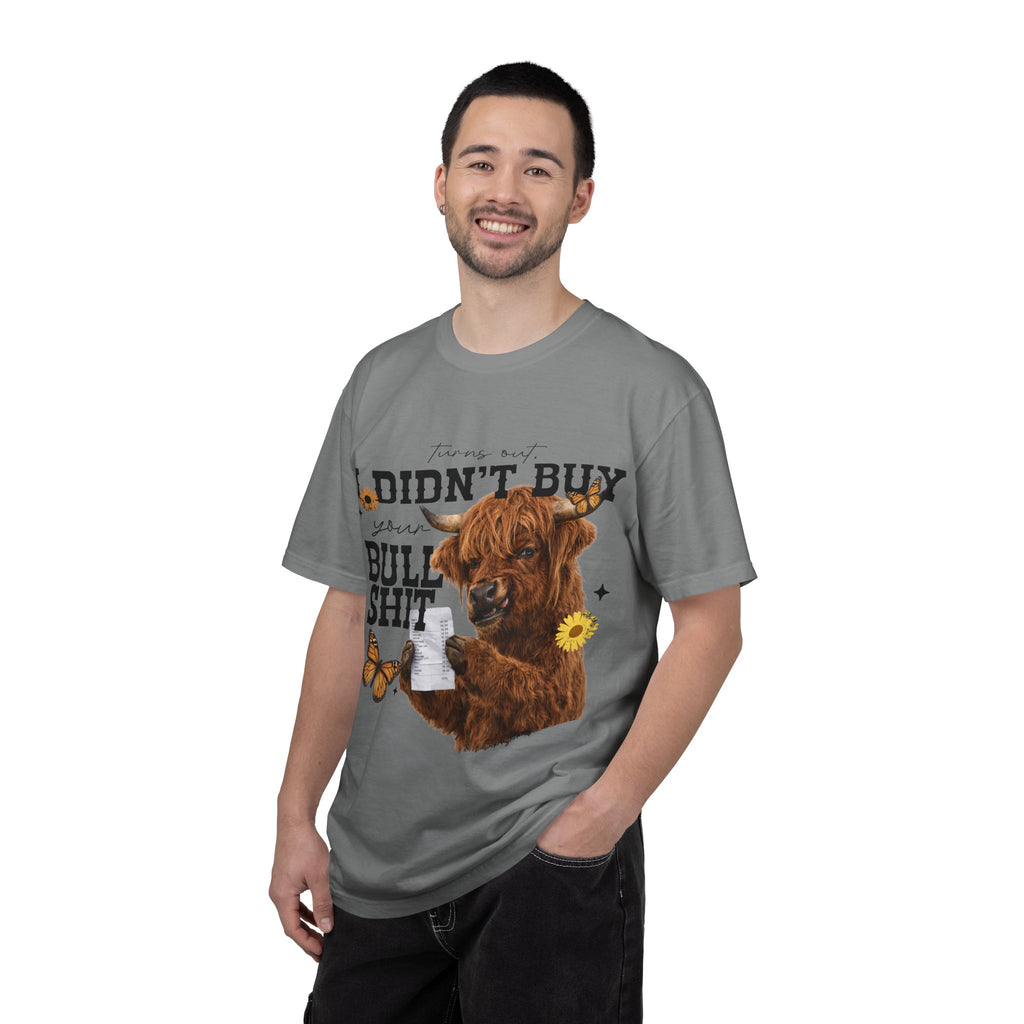 I Didn't Buy Bullshit T-Shirt – Highland Cow with Sunflower & Butterfly Graphic