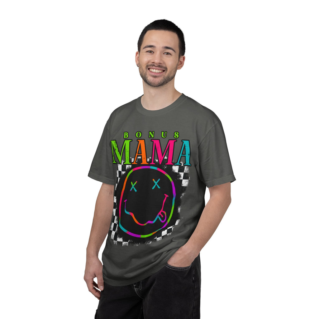 Bonus Mama Graphic T-Shirt — Neon Smiley Checkerboard Retro Tee