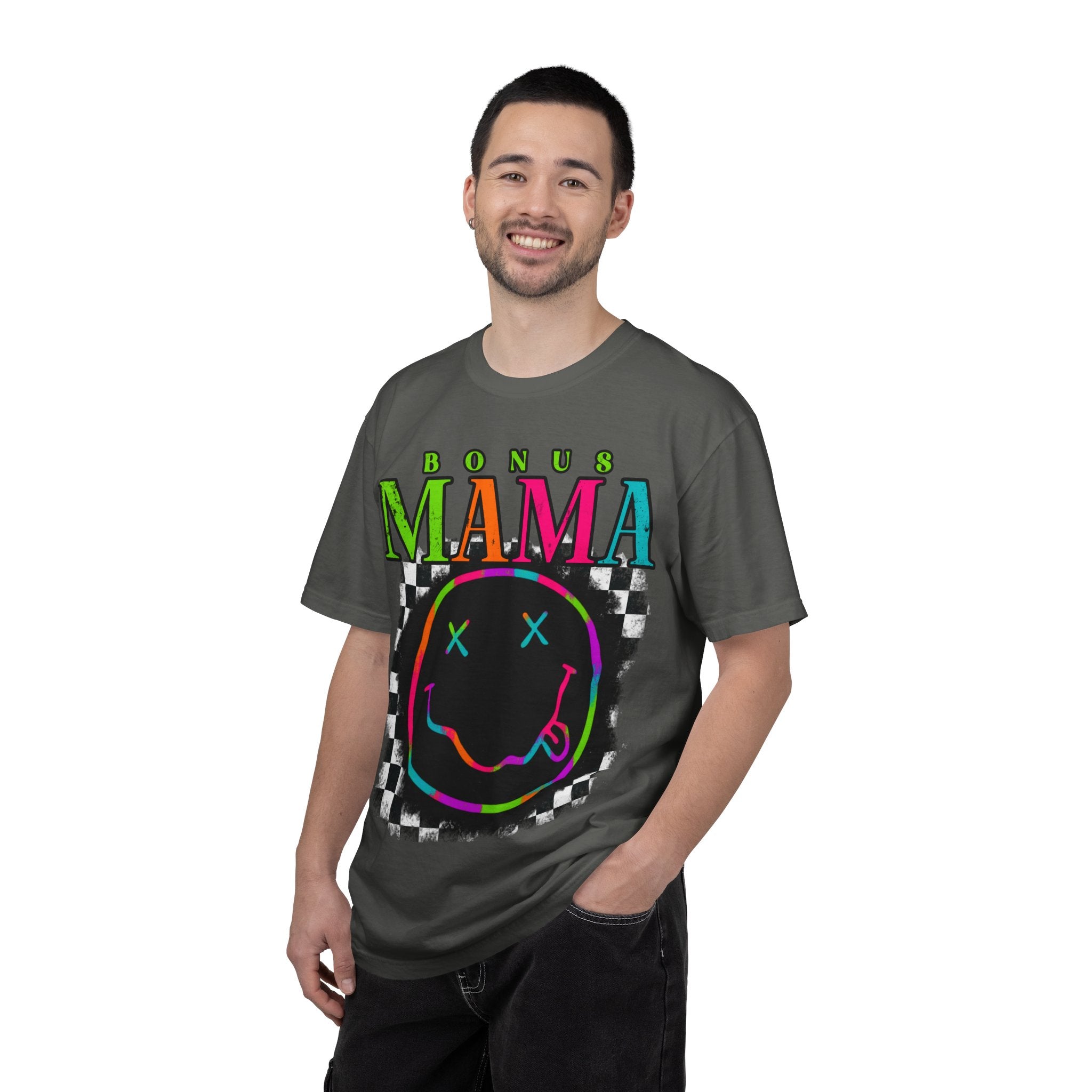 Bonus Mama Graphic T-Shirt — Neon Smiley Checkerboard Retro Tee