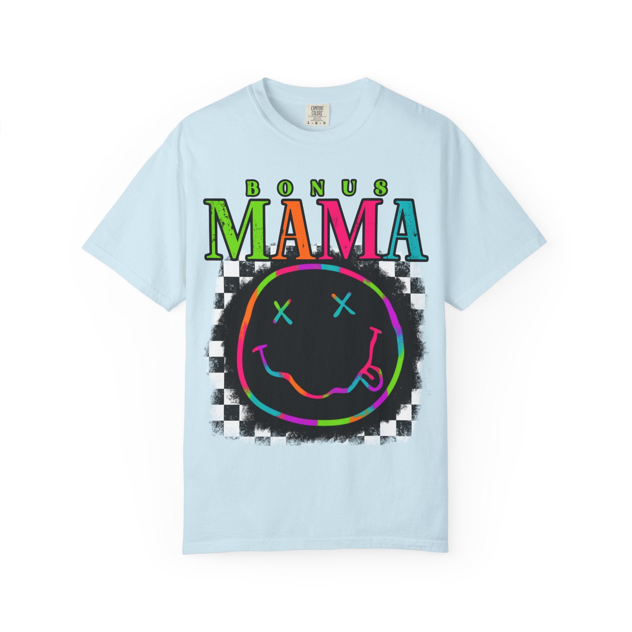 Bonus Mama Graphic T-Shirt — Neon Smiley Checkerboard Retro Tee