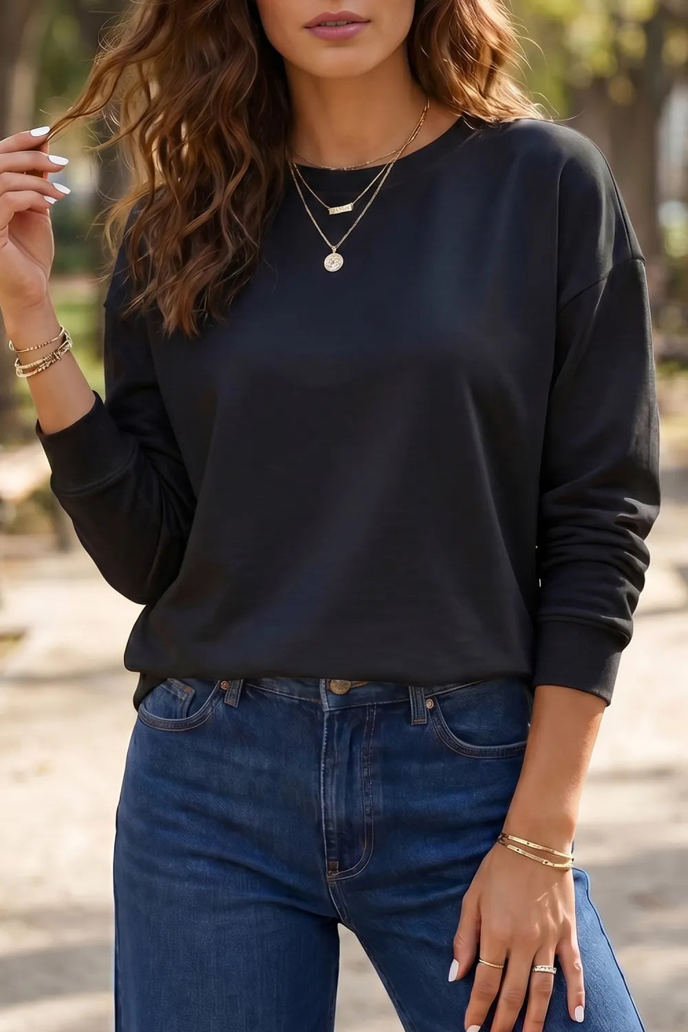 Black Solid Color Dropped Shoulder Long Sleeve Top