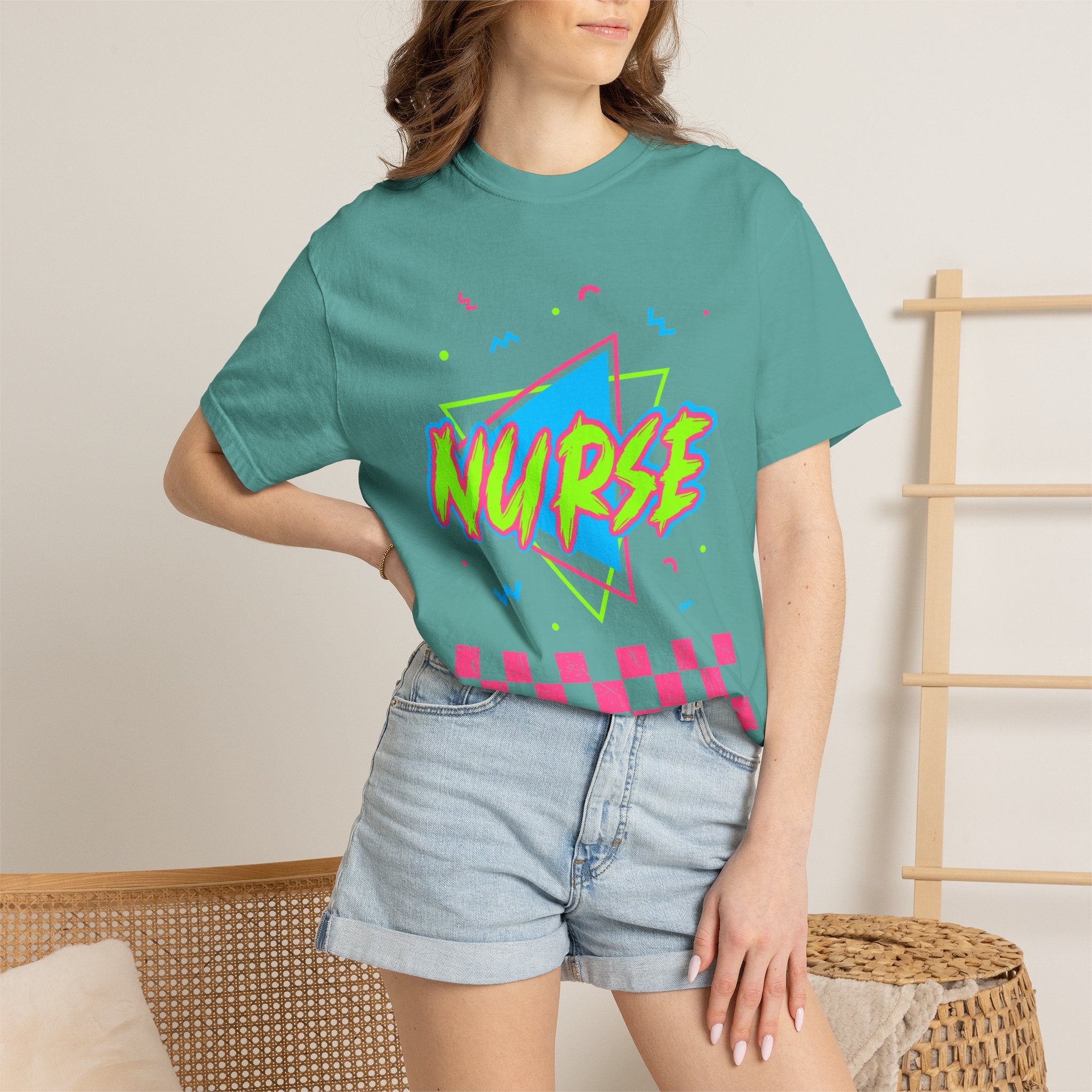 Nurse Retro 90s Graphic T-Shirt — Neon Checkerboard Medical Tee