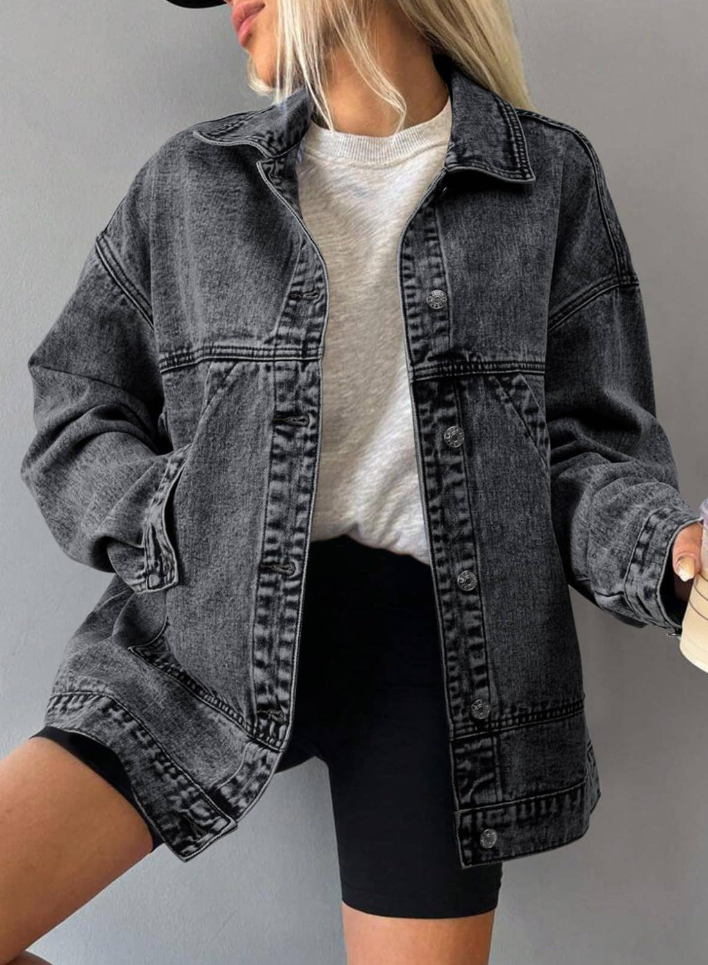 Retro loose Pocket polo neck Denim Jacket: Light blue / M