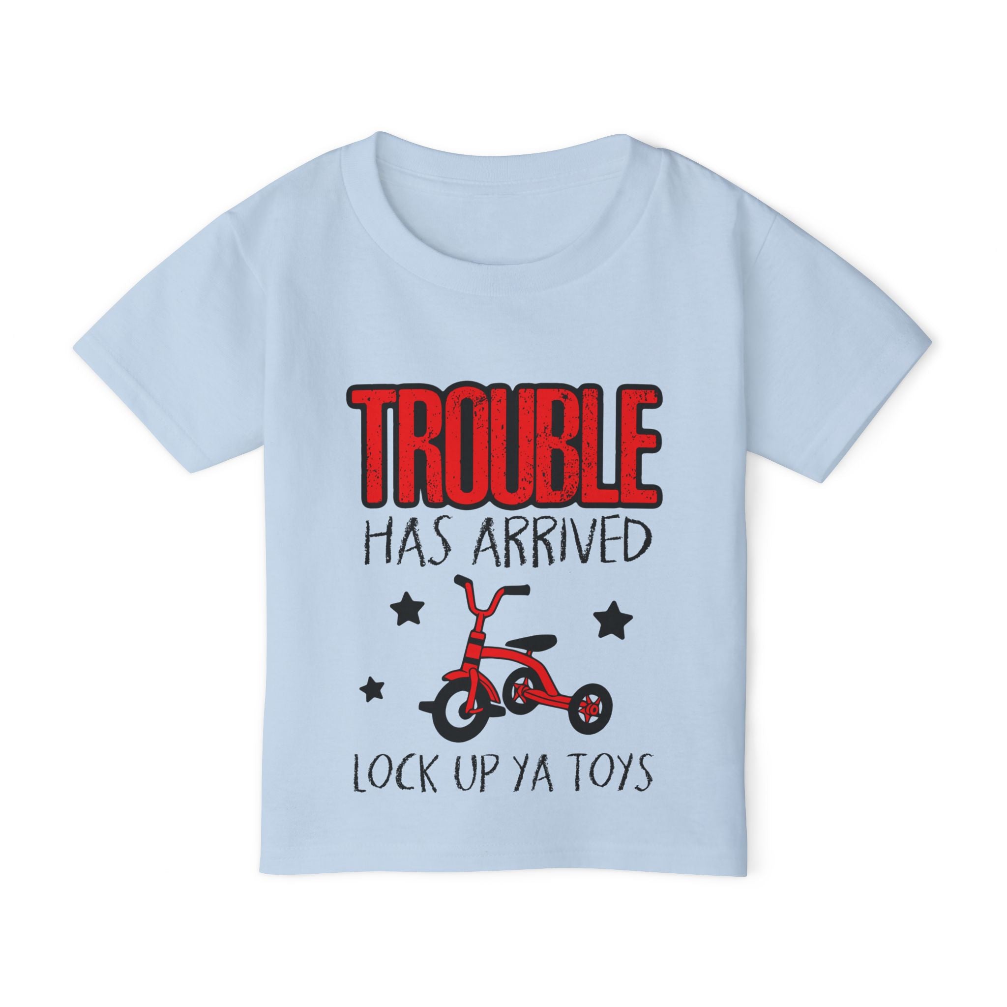 Toddler T-Shirt — “Trouble Has Arrived” Red Tricycle Funny Kids Tee