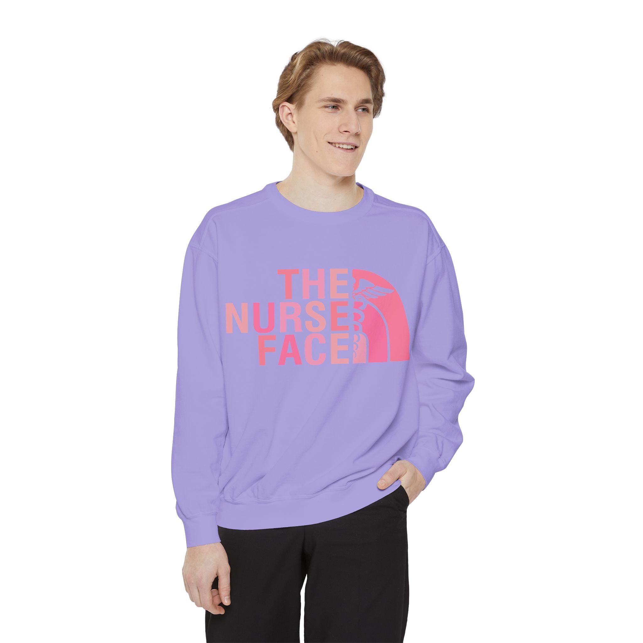 Nurse Face Sweatshirt — Pink Caduceus Retro Graphic Crewneck