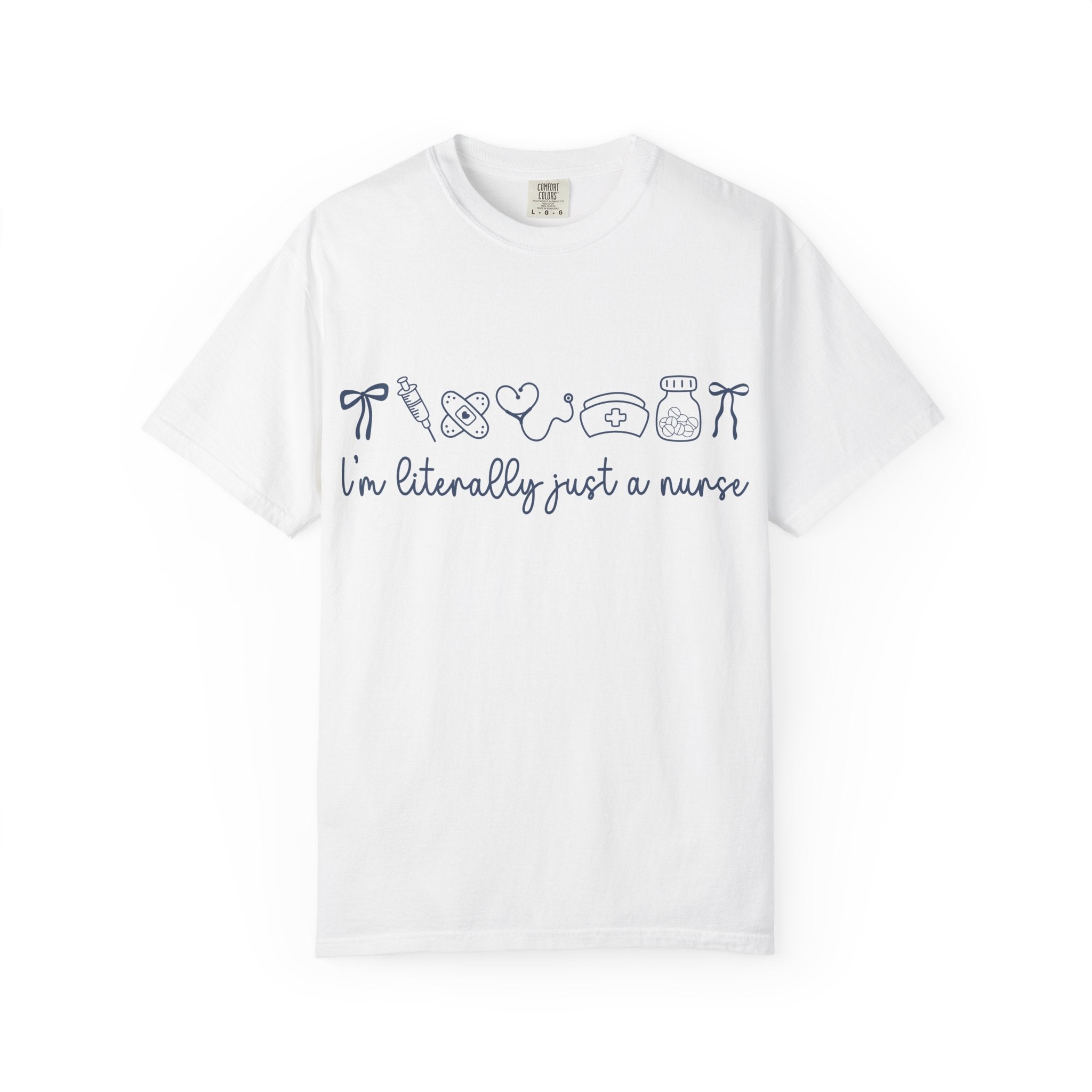 Nurse Crewneck T-Shirt — "I'm Literally Just a Nurse" Minimal Medical Icons Tee