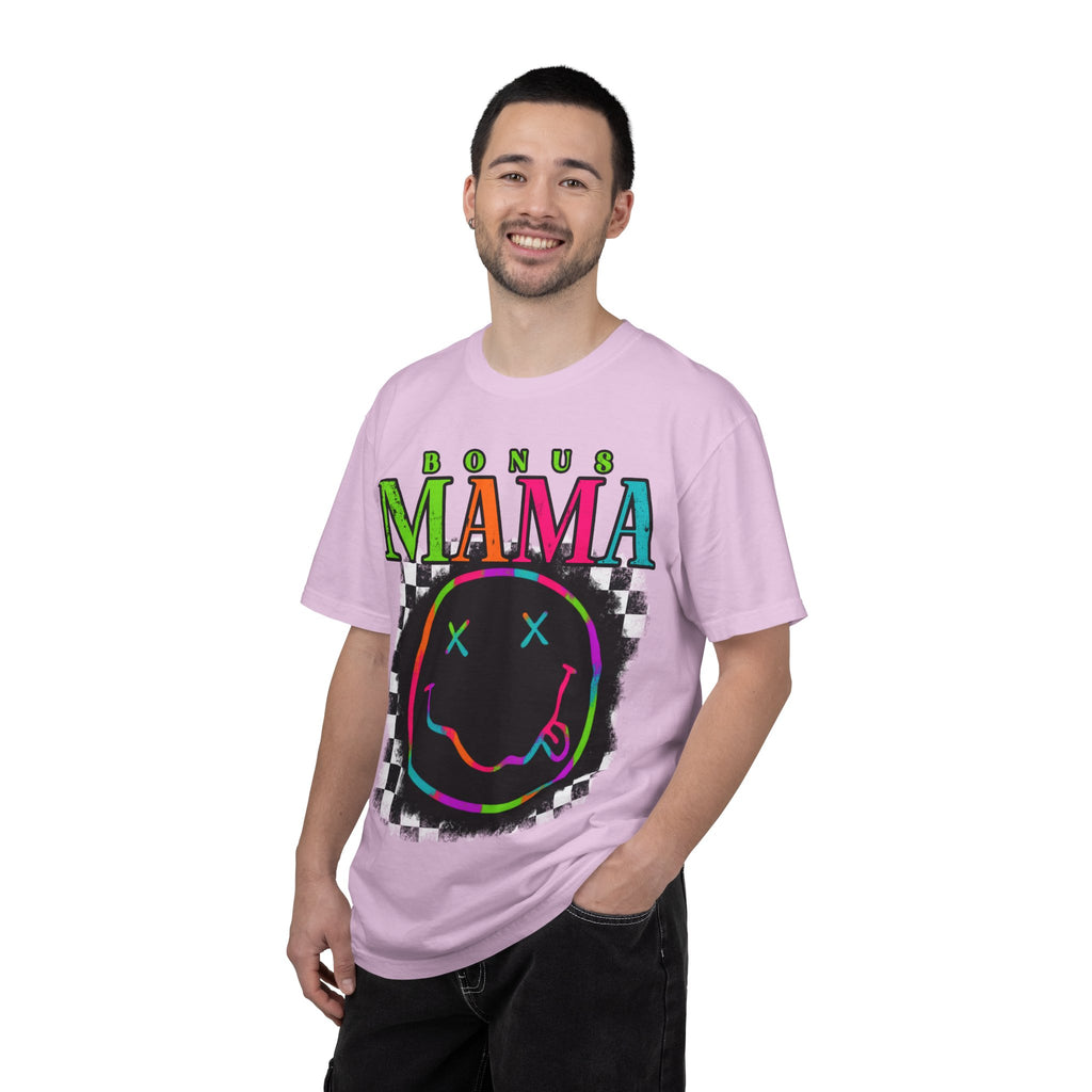 Bonus Mama Graphic T-Shirt — Neon Smiley Checkerboard Retro Tee