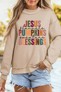 Apricot Thanksgiving Slogan Graphic Exposed Seam Mock Neck Sweatshirt