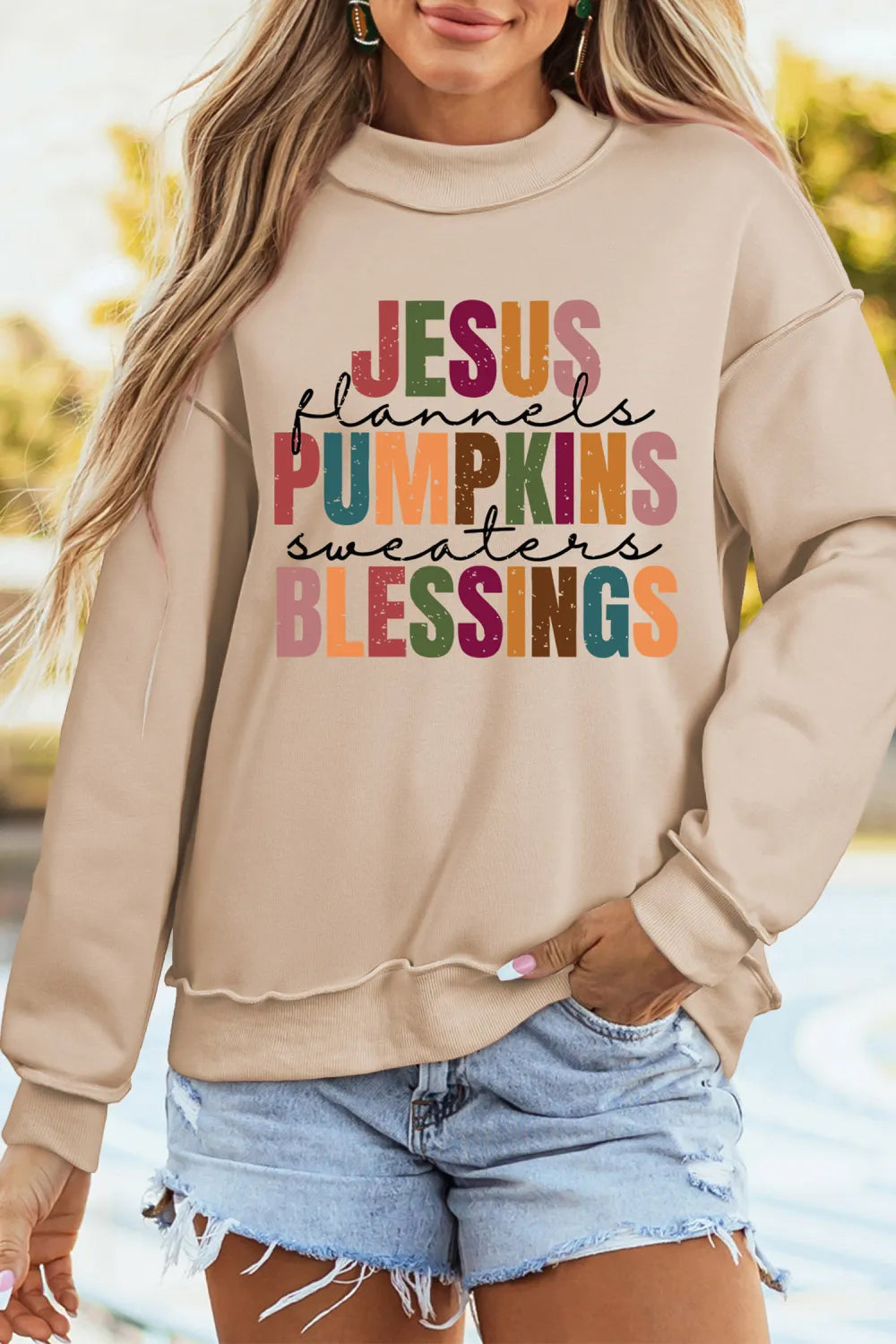 Apricot Thanksgiving Slogan Graphic Exposed Seam Mock Neck Sweatshirt