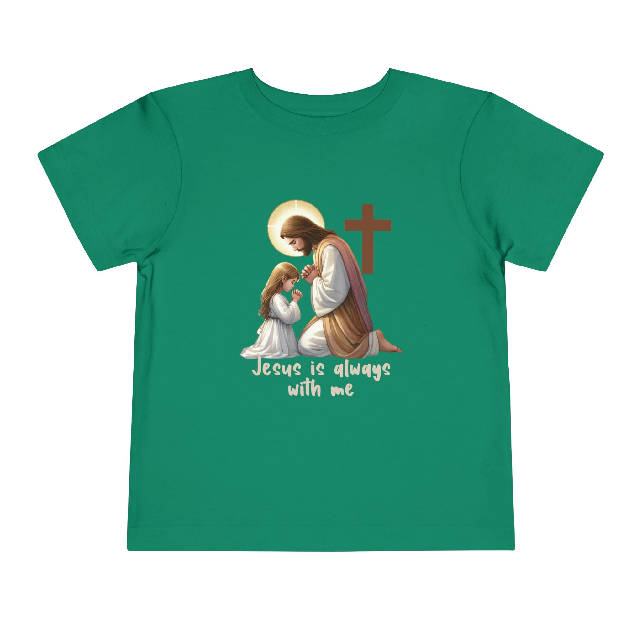 Toddler Tee — "Jesus is Always With Me" Kids Christian Shirt (Praying Jesus & Cross)