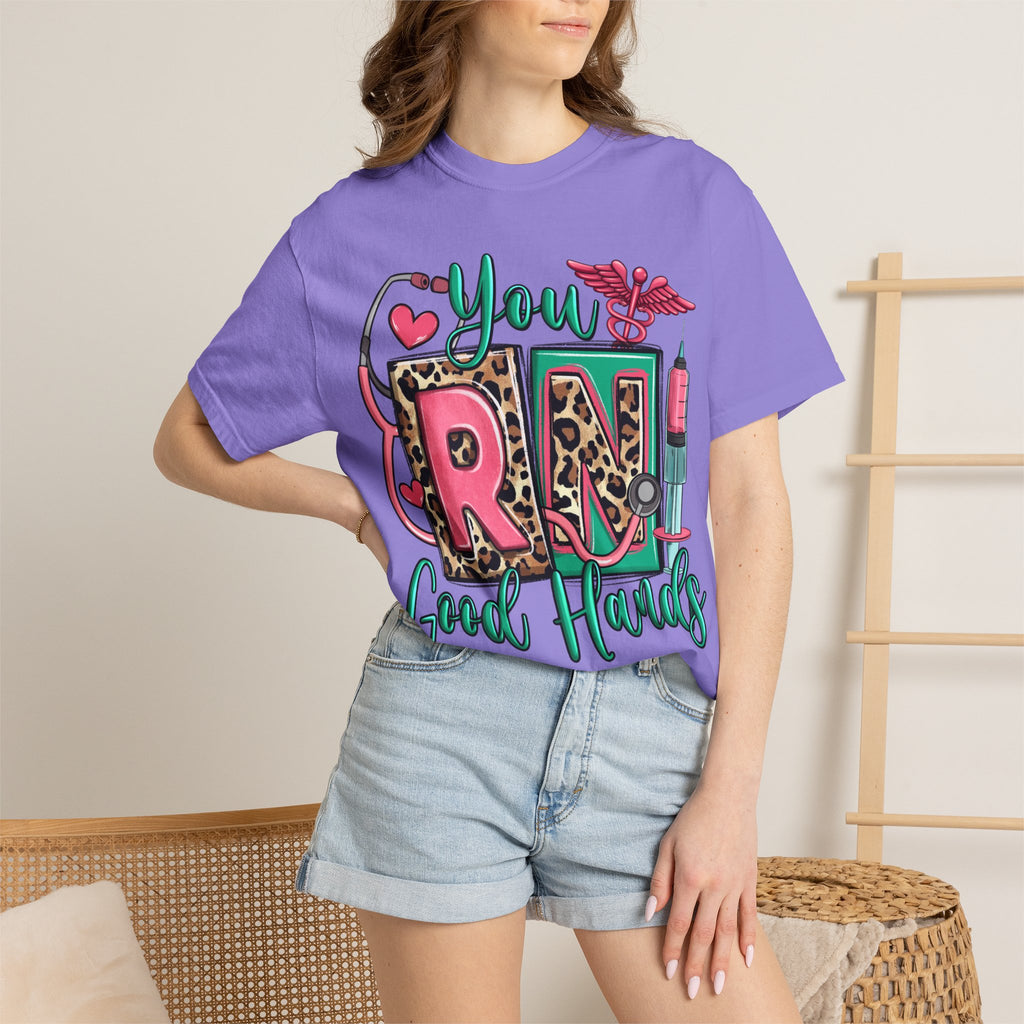 RN Good Hands T-Shirt — Cute Leopard Nurse Graphic Tee for Registered Nurses