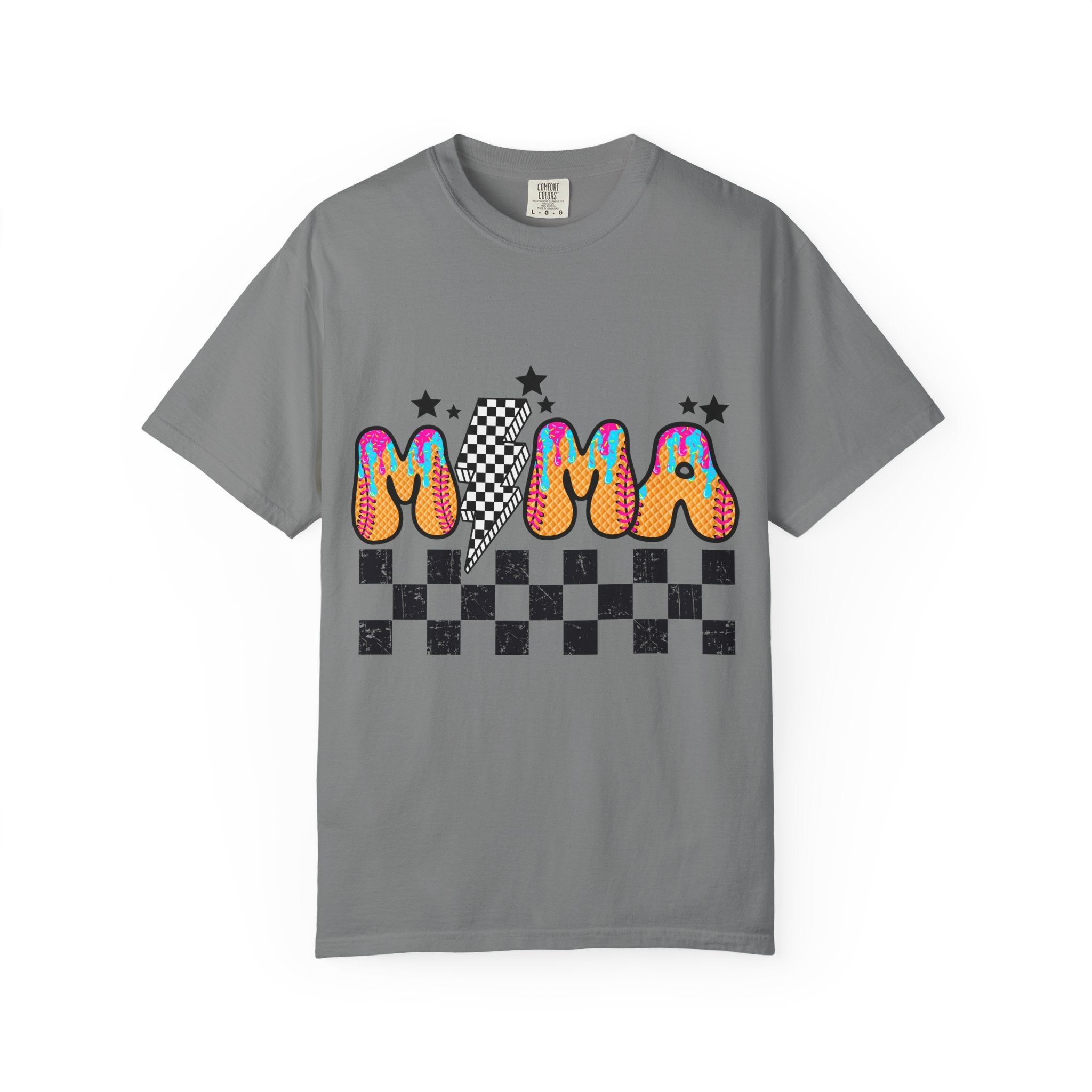 Retro Mama T-Shirt — Colorful Psychedelic 'MAMA' Graphic with Checkerboard