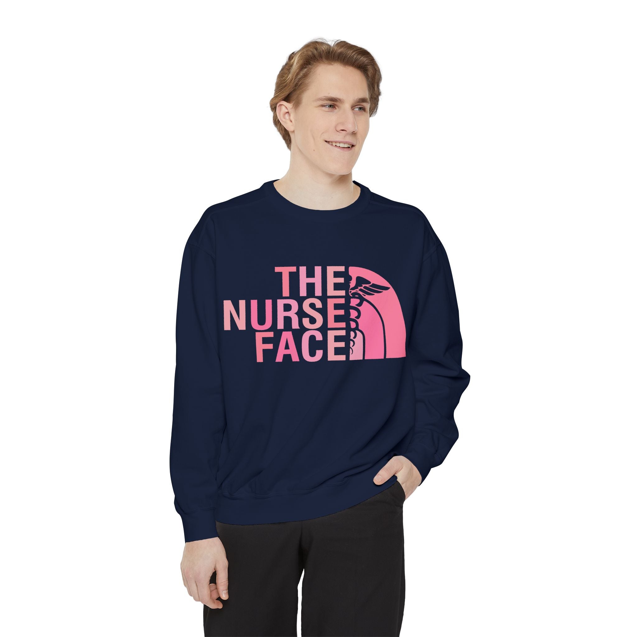 Nurse Face Sweatshirt — Pink Caduceus Retro Graphic Crewneck