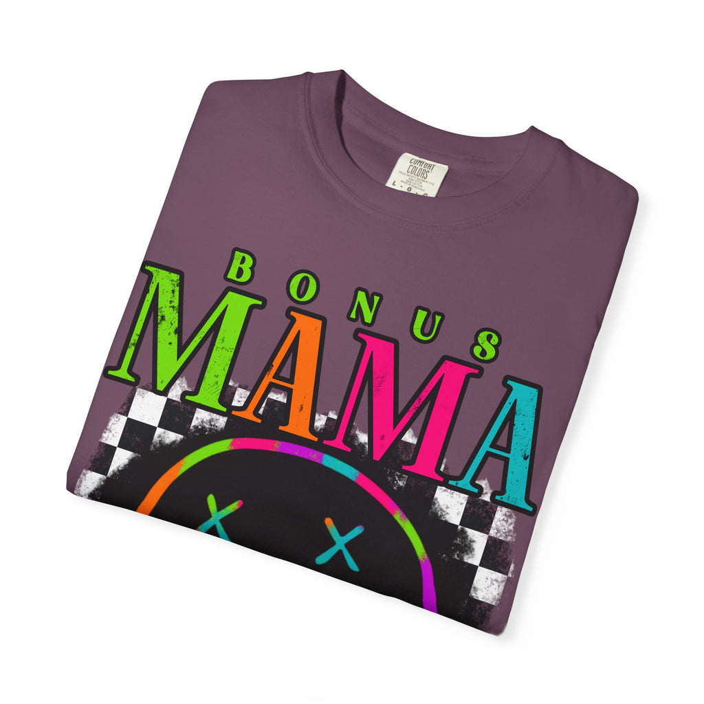 Bonus Mama Graphic T-Shirt — Neon Smiley Checkerboard Retro Tee