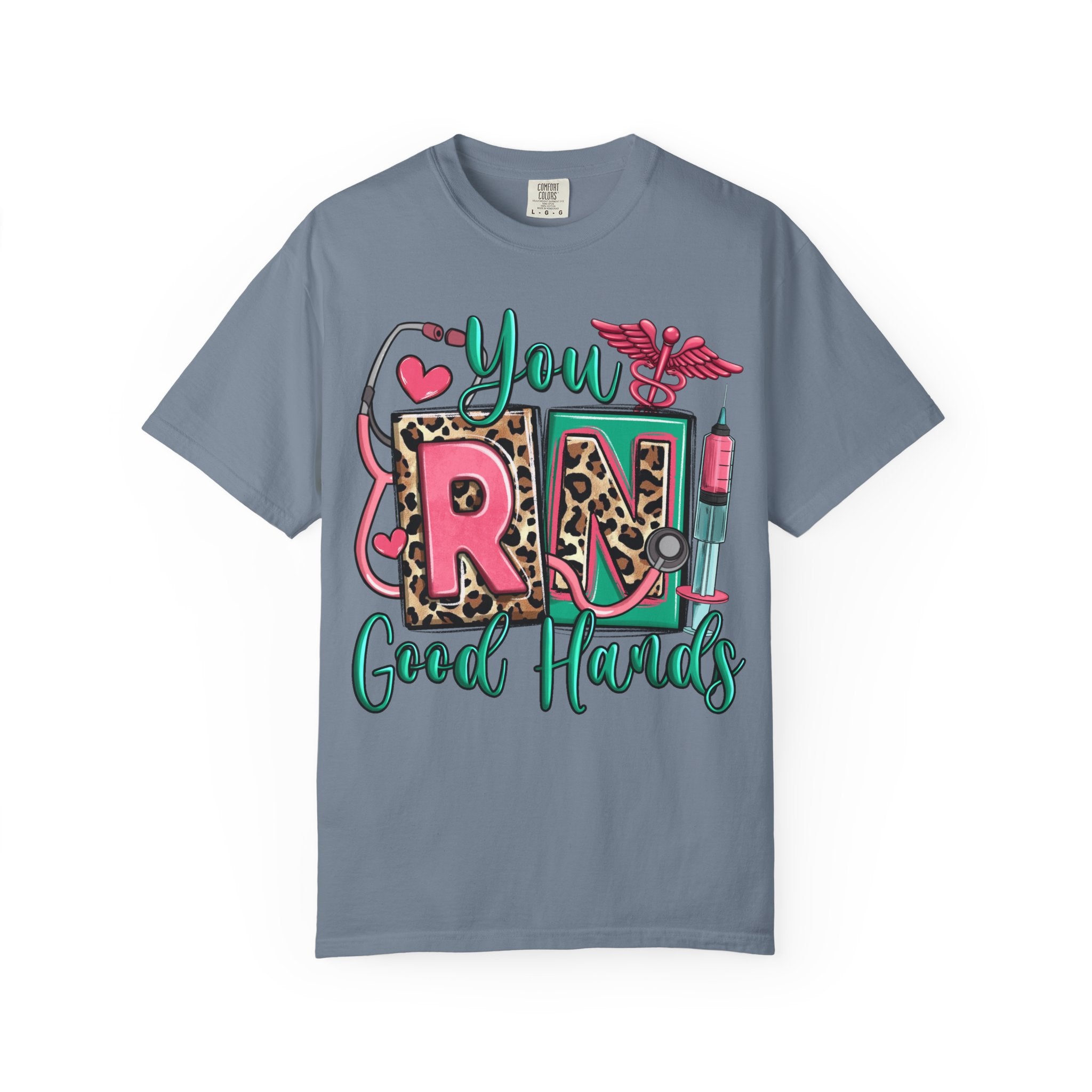 RN Good Hands T-Shirt — Cute Leopard Nurse Graphic Tee for Registered Nurses