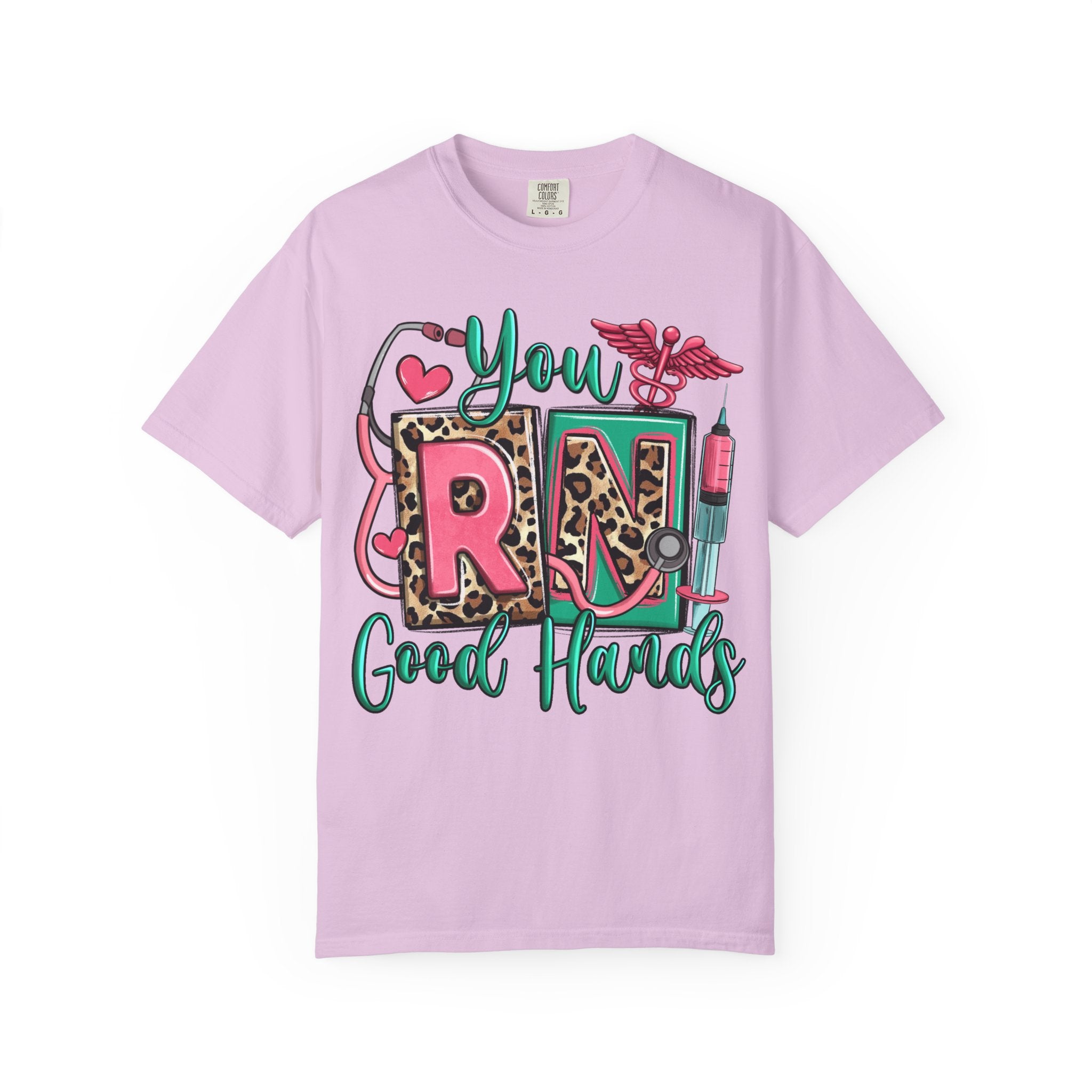 RN Good Hands T-Shirt — Cute Leopard Nurse Graphic Tee for Registered Nurses