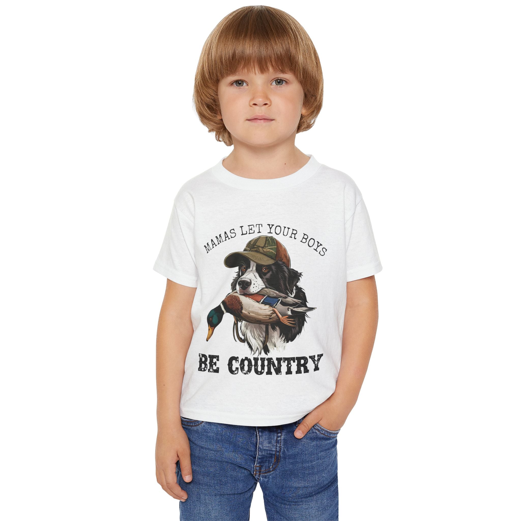 Toddler T-Shirt — "Mamas Let Your Boys Be Country" Duck Hunting Dog Design