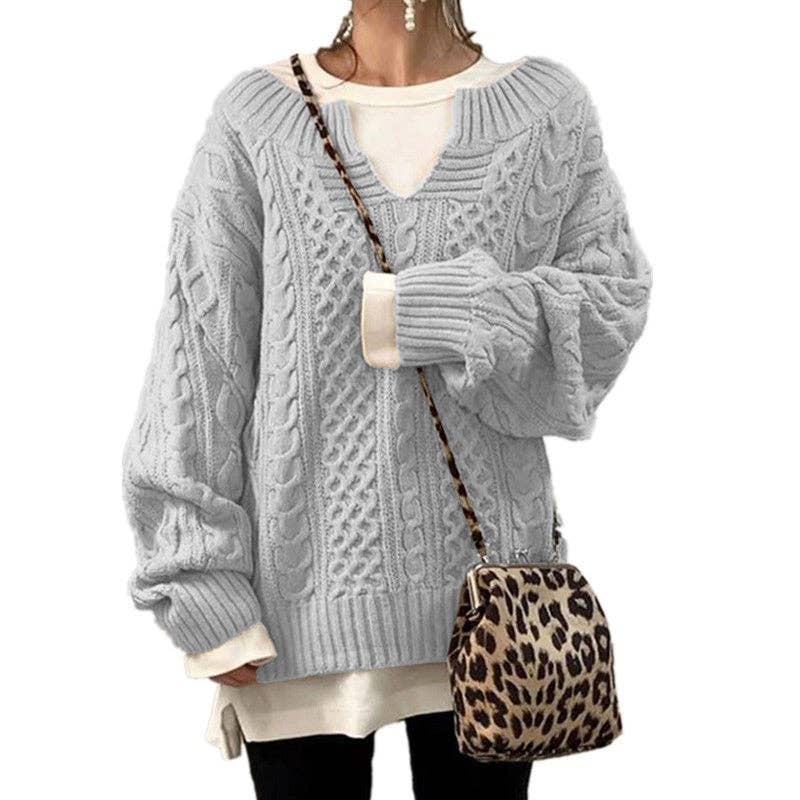 Women Cable Knit Sweater Casual Ribbed Pattern Knit Top: Black / L