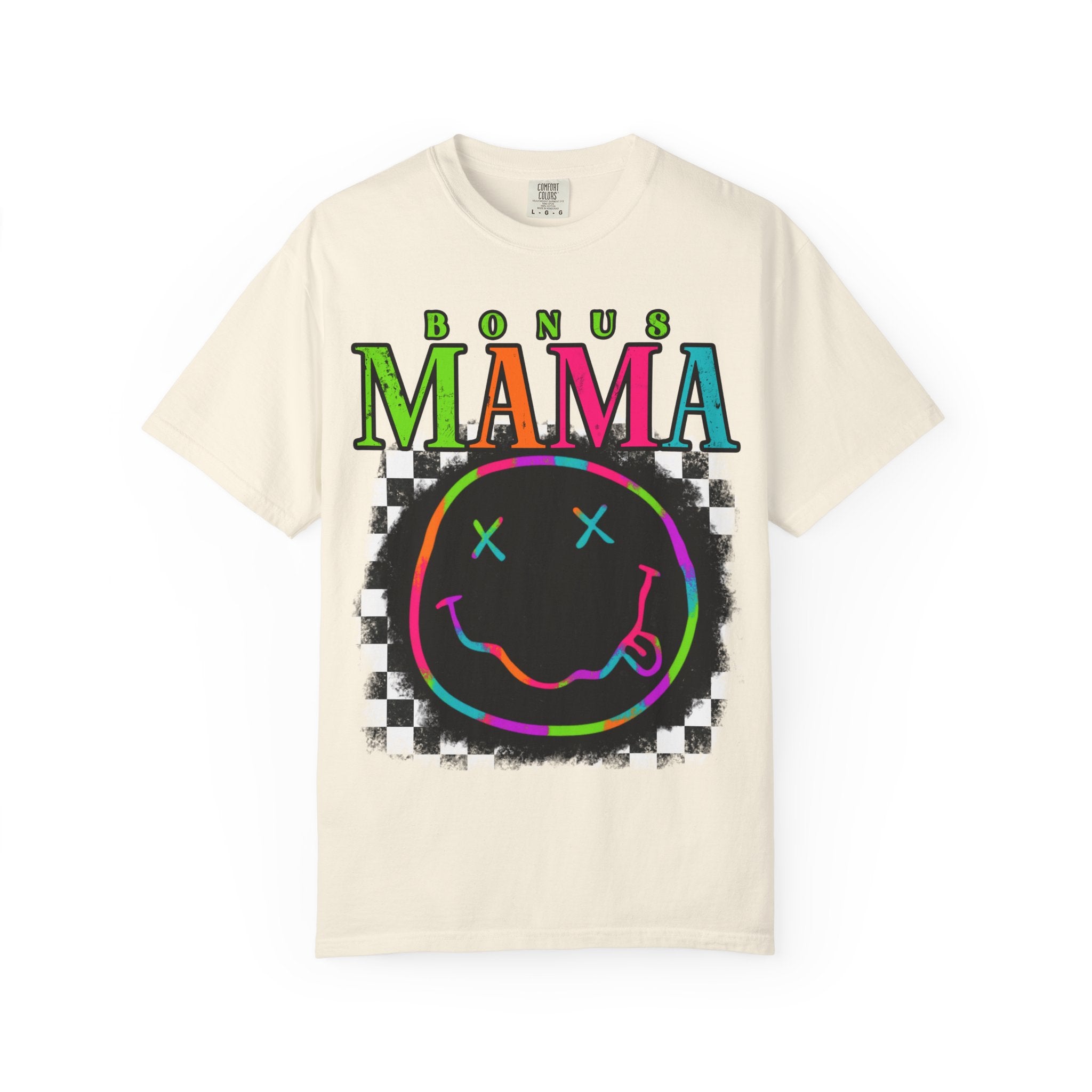 Bonus Mama Graphic T-Shirt — Neon Smiley Checkerboard Retro Tee