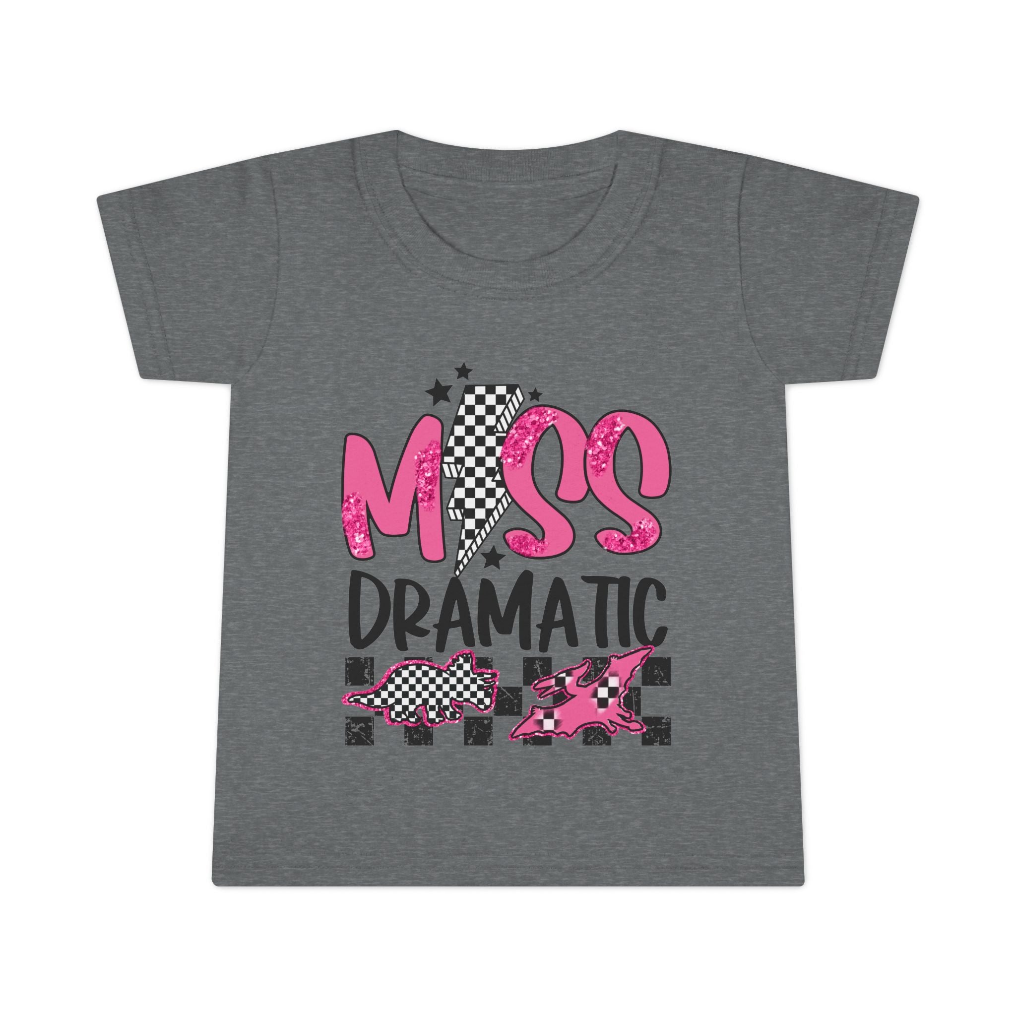 Toddler T-Shirt - "Miss Dramatic" Pink Checkered Dino Graphic