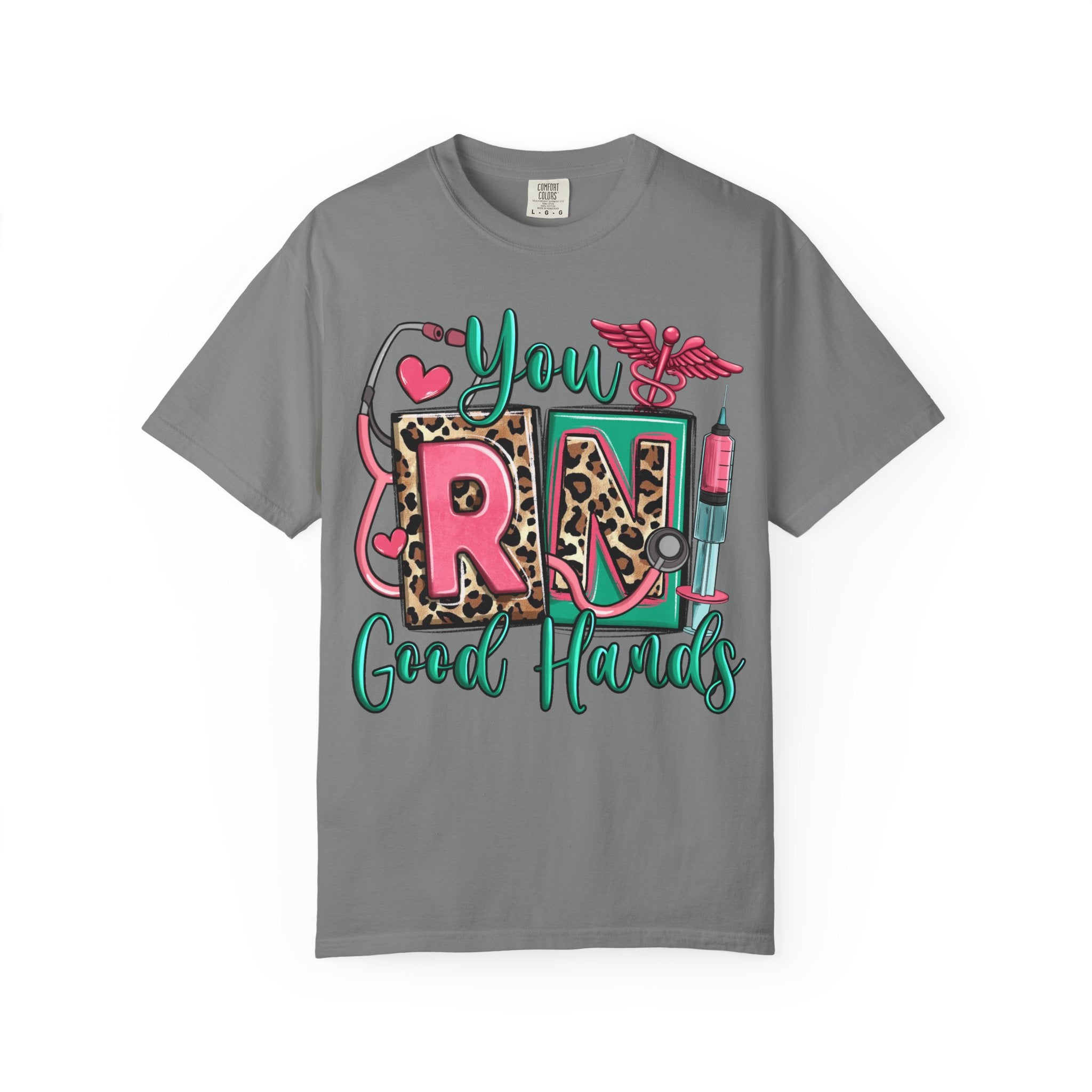 RN Good Hands T-Shirt — Cute Leopard Nurse Graphic Tee for Registered Nurses