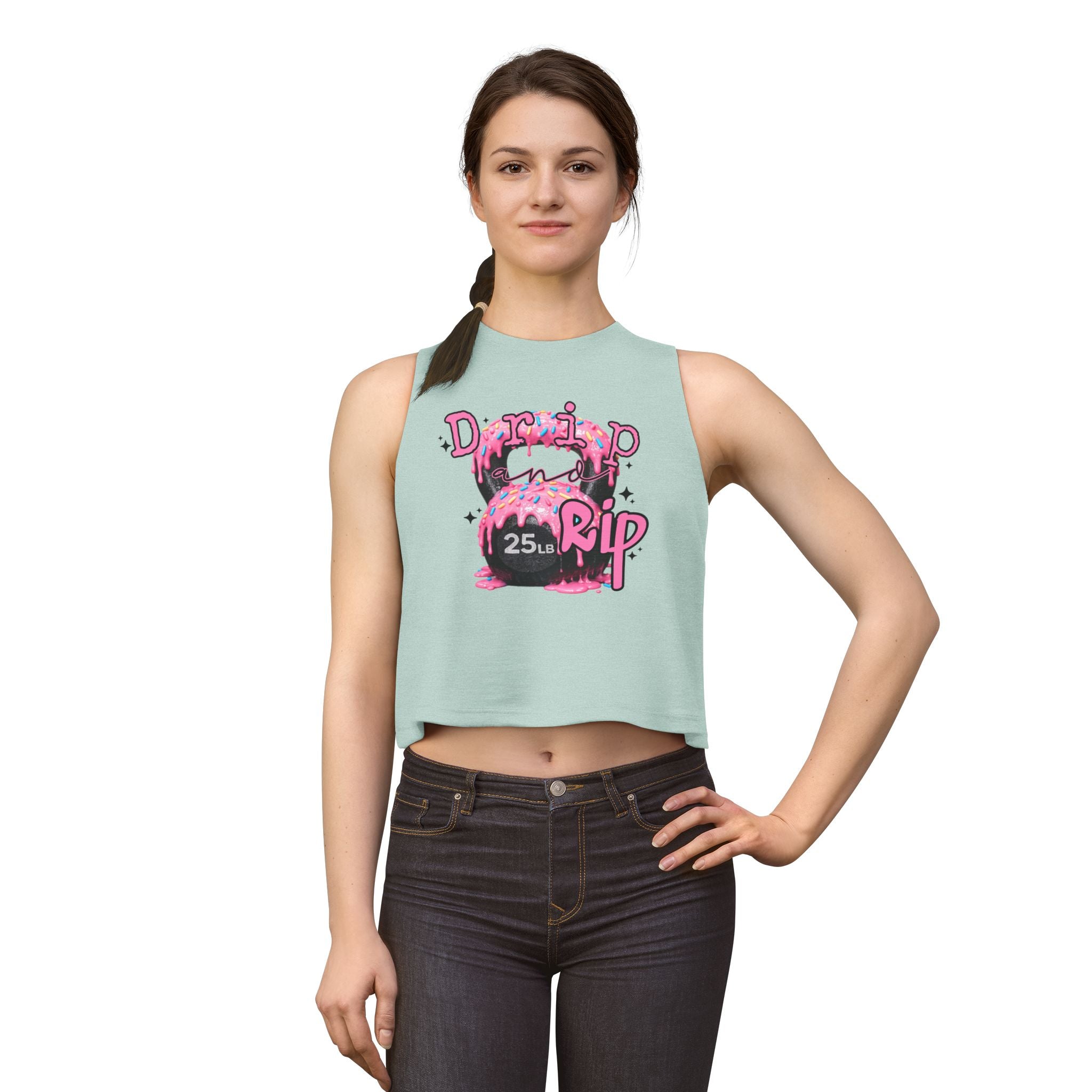Crop Top — 'Drip or Rip' Pink Kettlebell Fitness Graphic