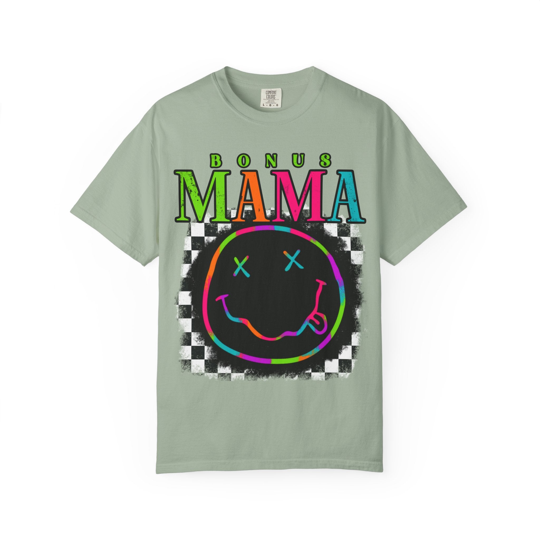 Bonus Mama Graphic T-Shirt — Neon Smiley Checkerboard Retro Tee