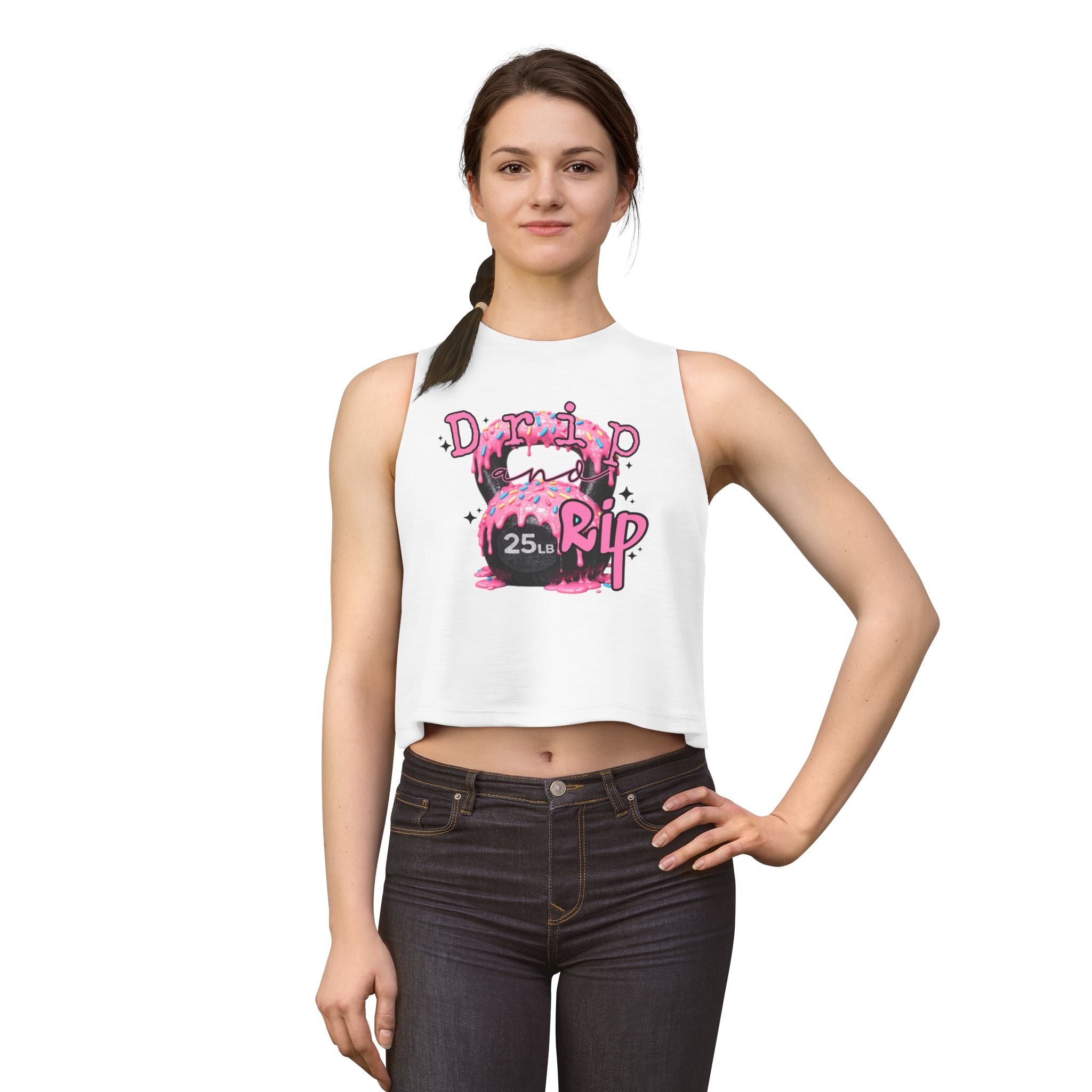 Crop Top — 'Drip or Rip' Pink Kettlebell Fitness Graphic